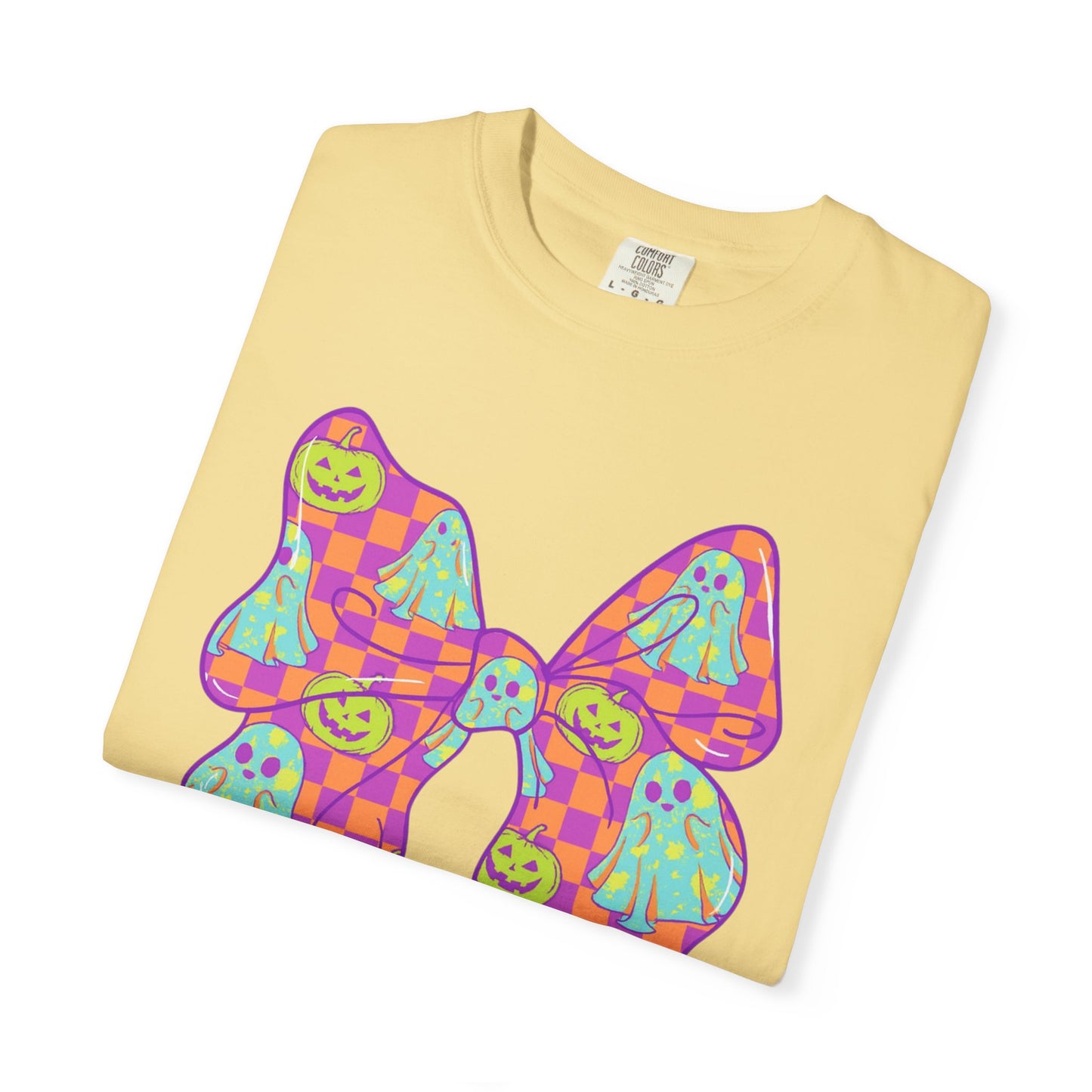 Neon Checkered Ghost Bow T-Shirt - Fun Lovers Halloween Unisex Tee