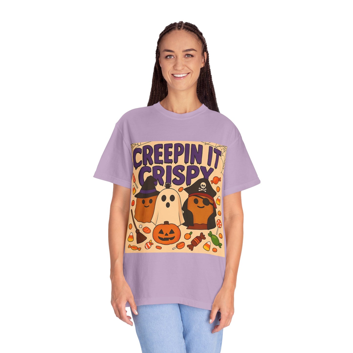 Halloween Themed T-Shirt, Creepin It Crispy T-Shirt, Unisex Shirt for Fall, Cute Halloween Tee, Festive Ghost & Candy Design