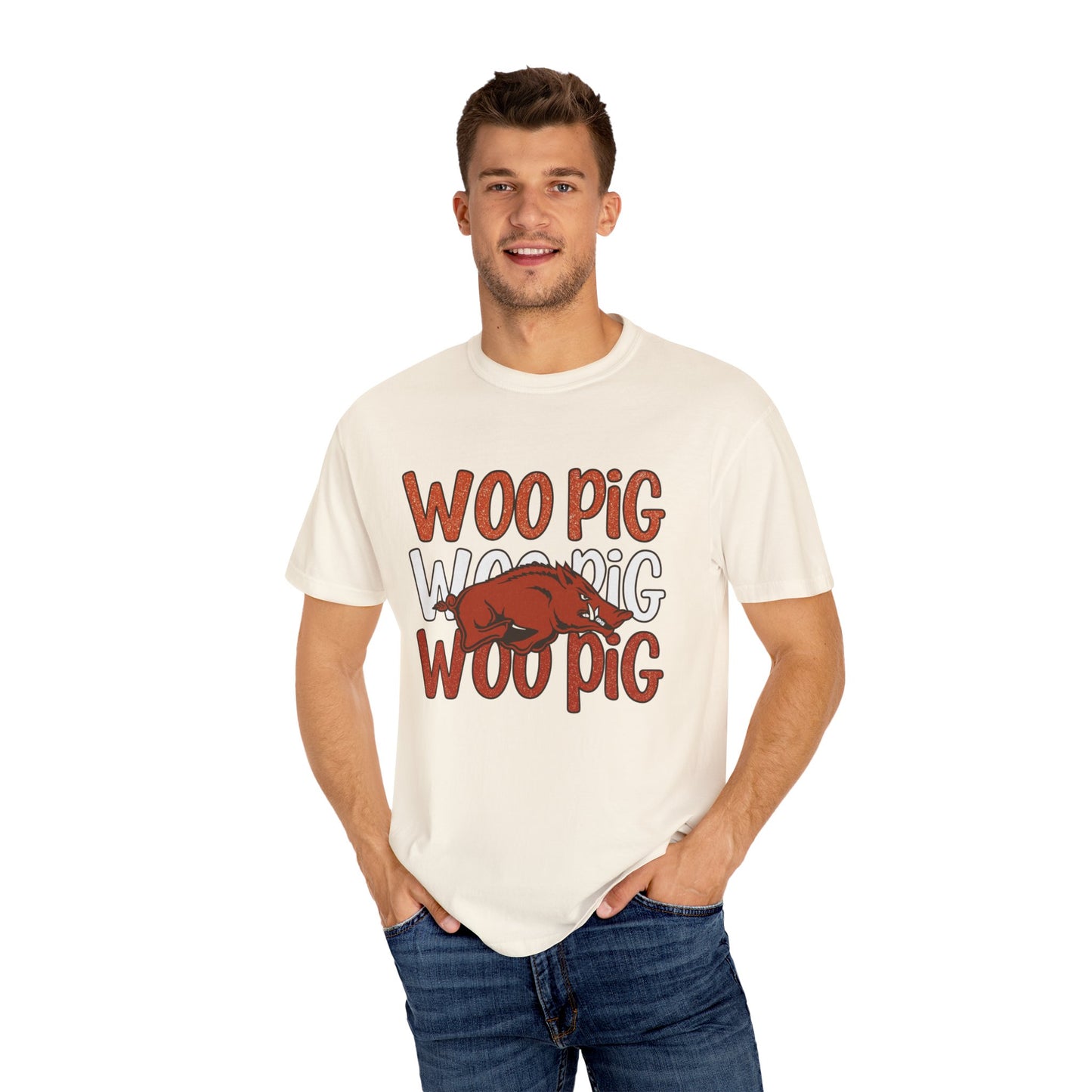 Woo Pig Garment-Dyed T-Shirt, Unisex Tee, Arkansas Pride Shirt, Casual Everyday Wear, College Game Day Tee, Fun Graphic Tee