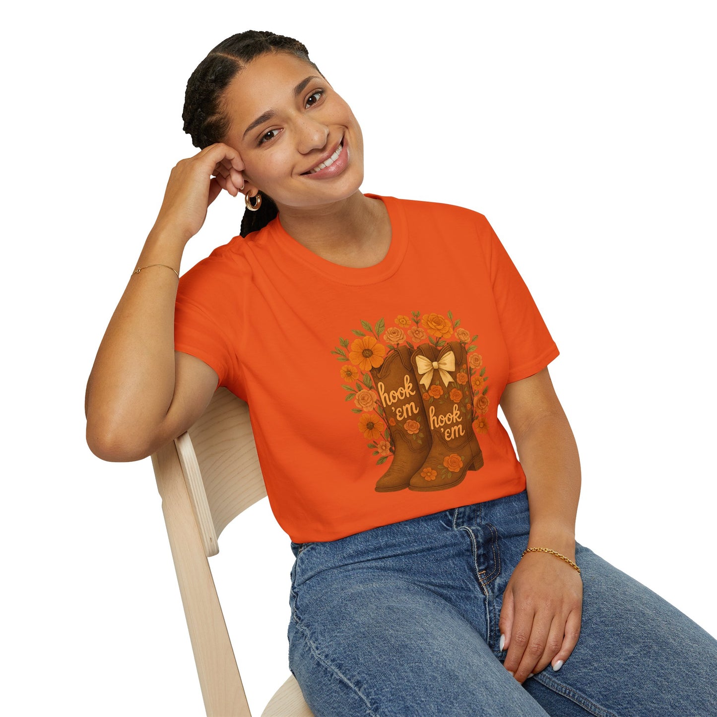 Tx Hook Em Floral Cowboy Boot T-Shirt, Hook 'Em Tee, Autumn Apparel, Country Style, Gift for Her, tx longhorns, texas fan gift, hook em horns, graduation gift, college student gift