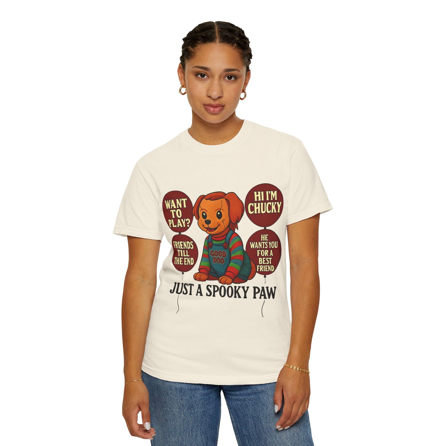 Spooky Graphic T-shirt, Halloween Costume Top, Unisex Tee, Funny Chucky Shirt, Gift for Horror Fans, Cute Spooky Apparel