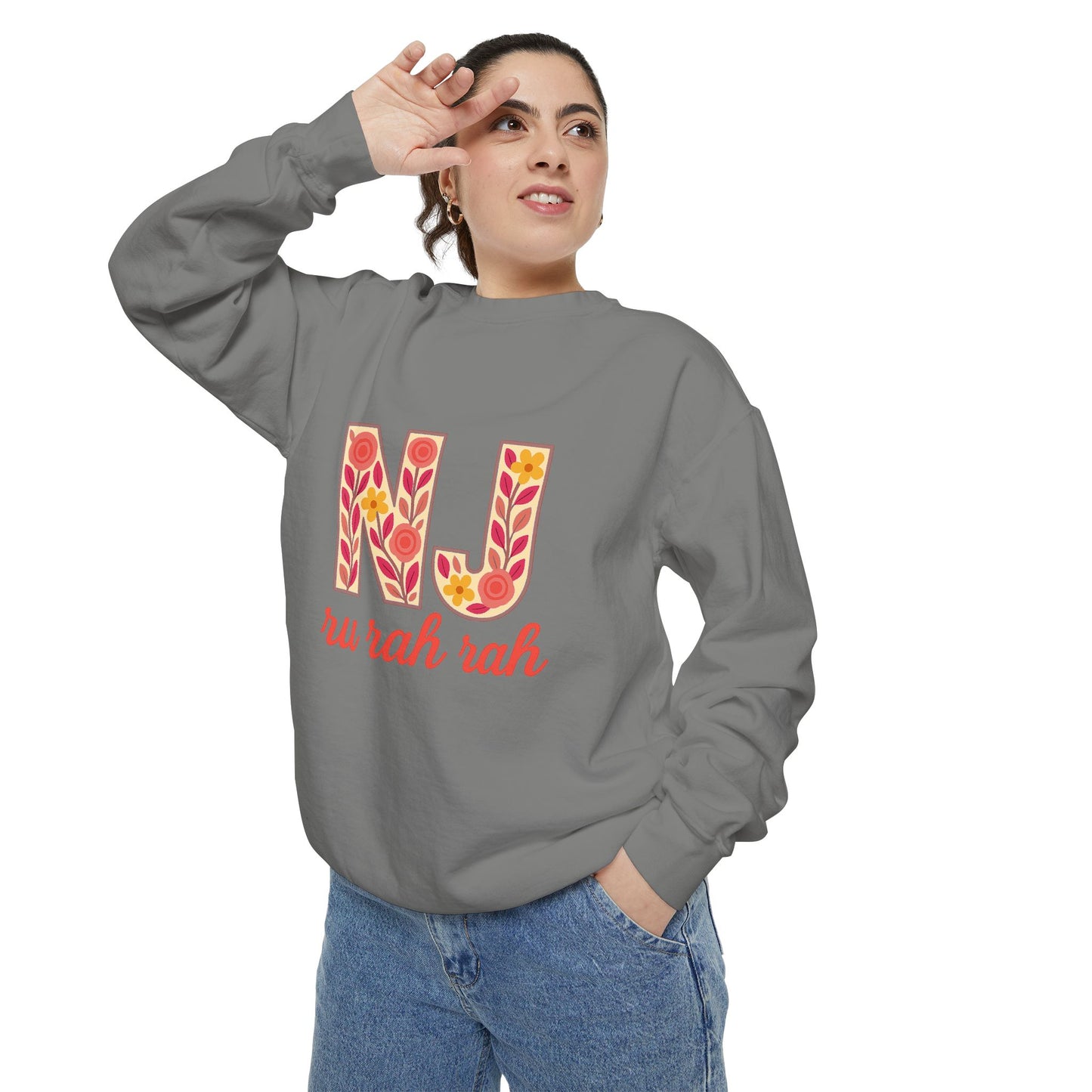 Cheerful NJ Garment-Dyed Sweatshirt, Cozy Unisex Pullover for School Spirit, Fall Fashion, Gift for College Students, Relaxed Fit