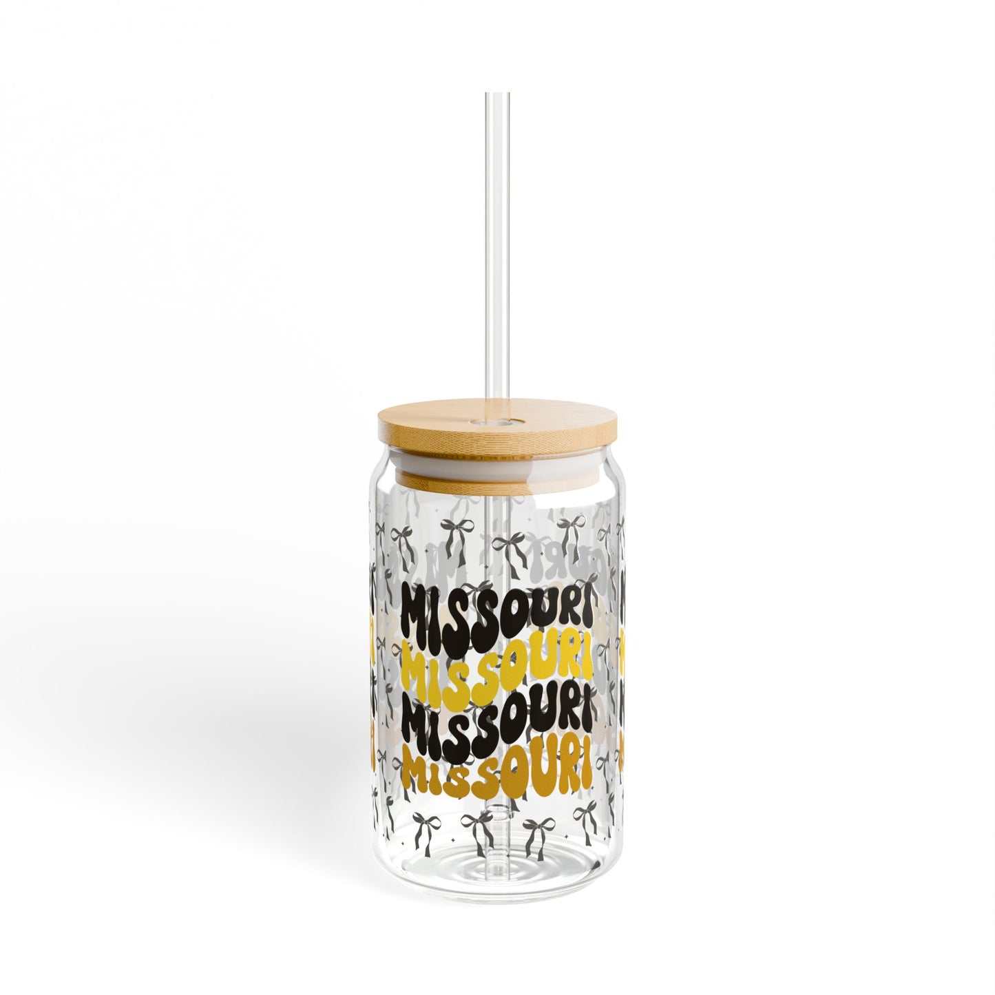Coquette Bow Sipper Glass, Missouri-themed Drinkware, Eco-friendly Glass with Bamboo Lid, Perfect for Gifts, missouri tigers, missouri game day, graduation gift