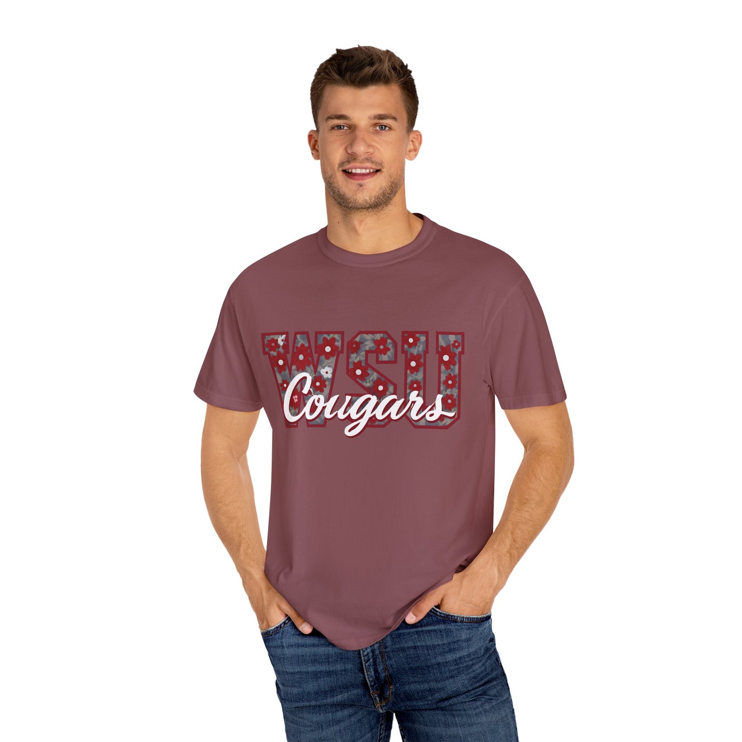 Garment-Dyed T-Shirt with WSU Cougars Design, Casual Wear, College Apparel, Sports Fan Gear, Comfortable Lifestyle Top, WSU Cougars