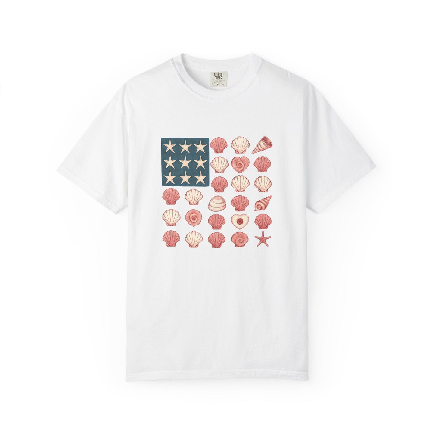 Comfort Colors-Seashell Flag T-Shirt, Unisex, American Flag, Beach Vibes, Nautical Gift, Summer Vibes, July 4th