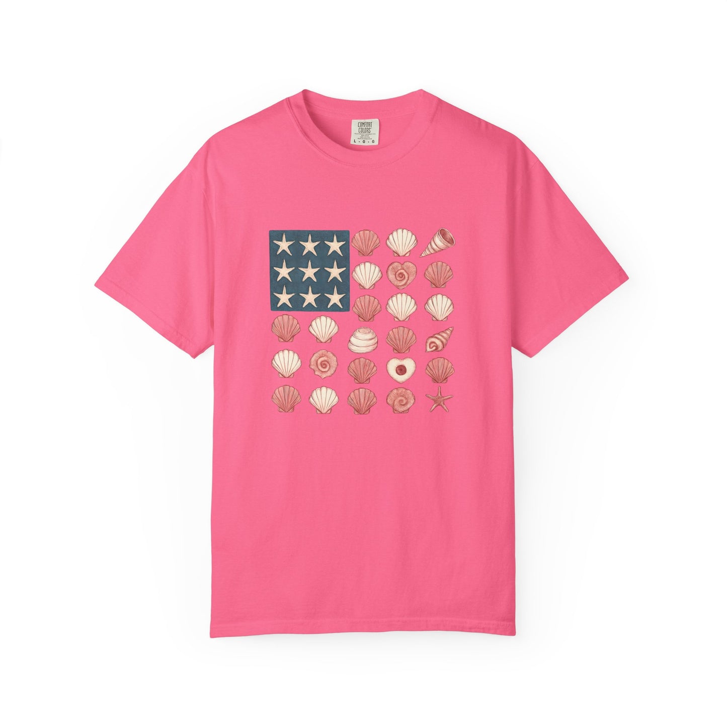 Comfort Colors-Seashell Flag T-Shirt, Unisex, American Flag, Beach Vibes, Nautical Gift, Summer Vibes, July 4th