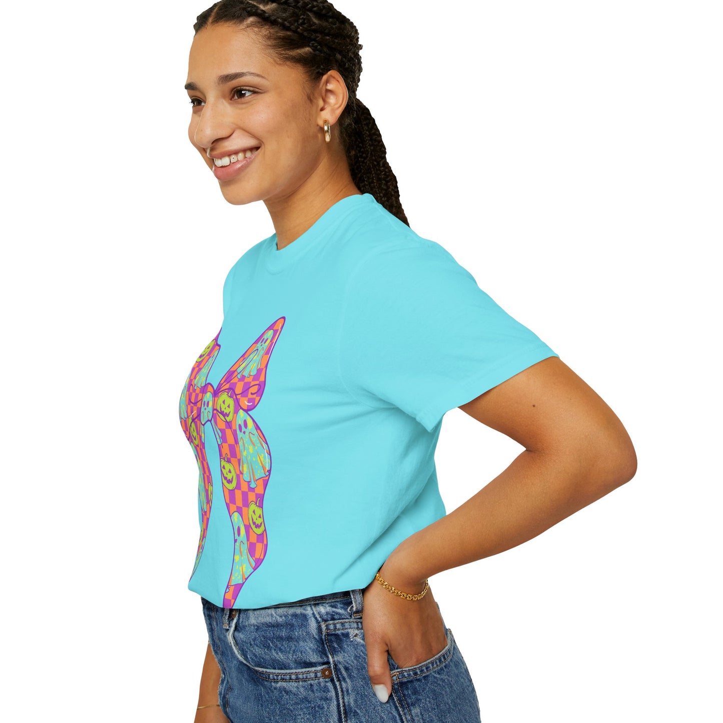 Neon Checkered Ghost Bow T-Shirt - Fun Lovers Halloween Unisex Tee