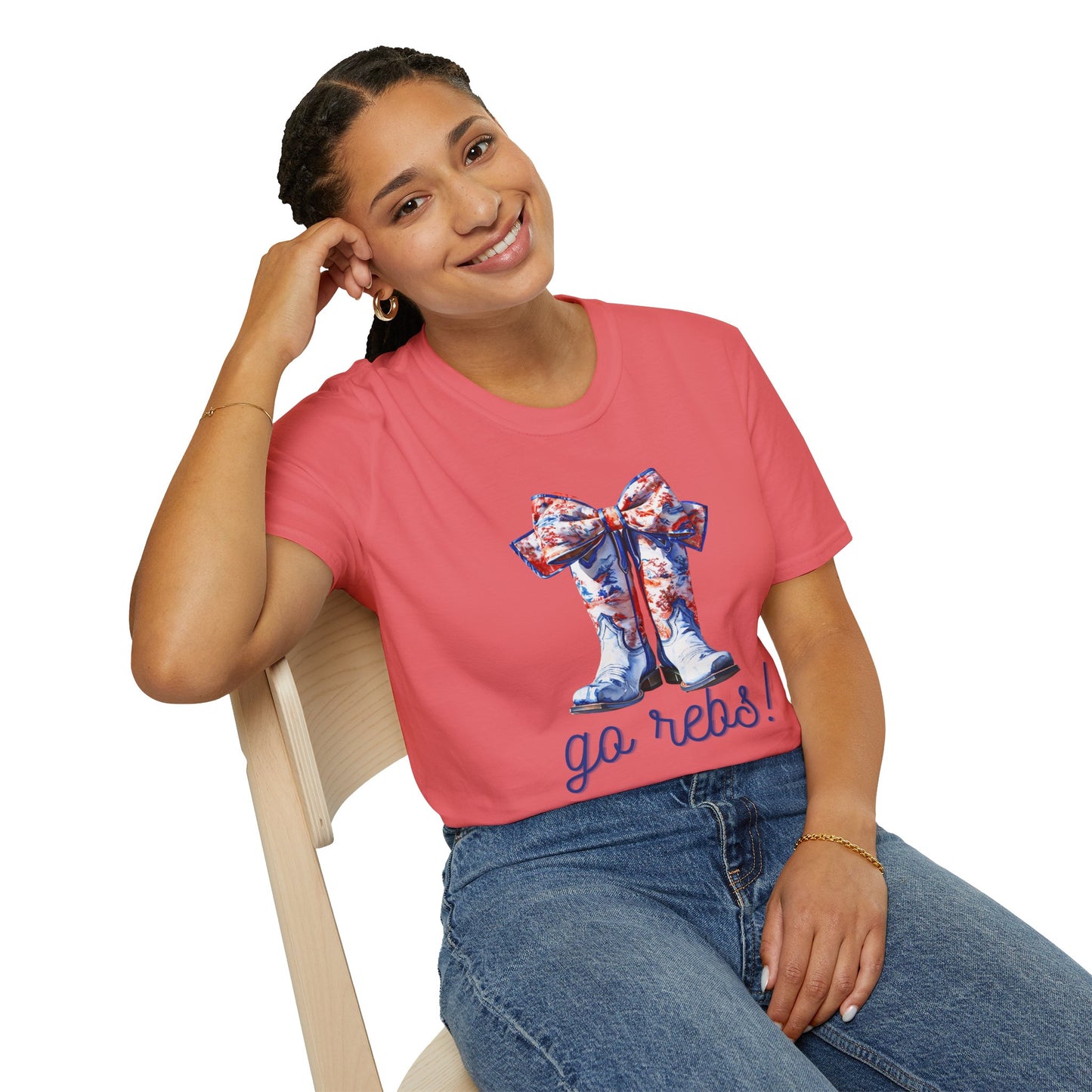 , go Rebs  Cheerful Unisex Softstyle T-Shirt with Bow Design | Gift for Sports Fans, Casual Wear, Team Spirit, Game Day Shirt, Cheerleading Top