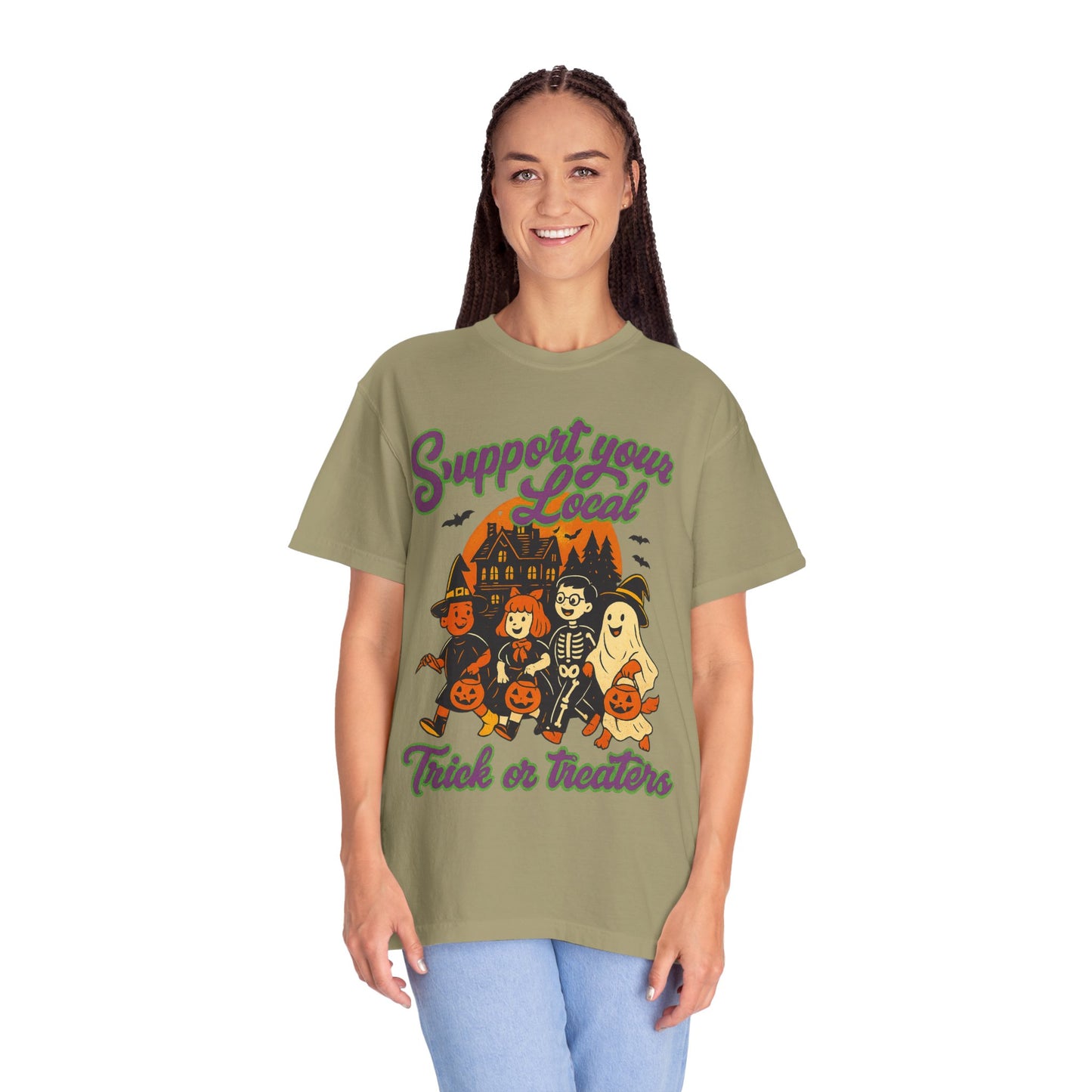 Halloween Support T-Shirt, Youth Trick or Treat Shirt, Garment-Dyed Tee for Kids, Spooky Season Apparel, Holiday Party Top, Fun Costume Wear
