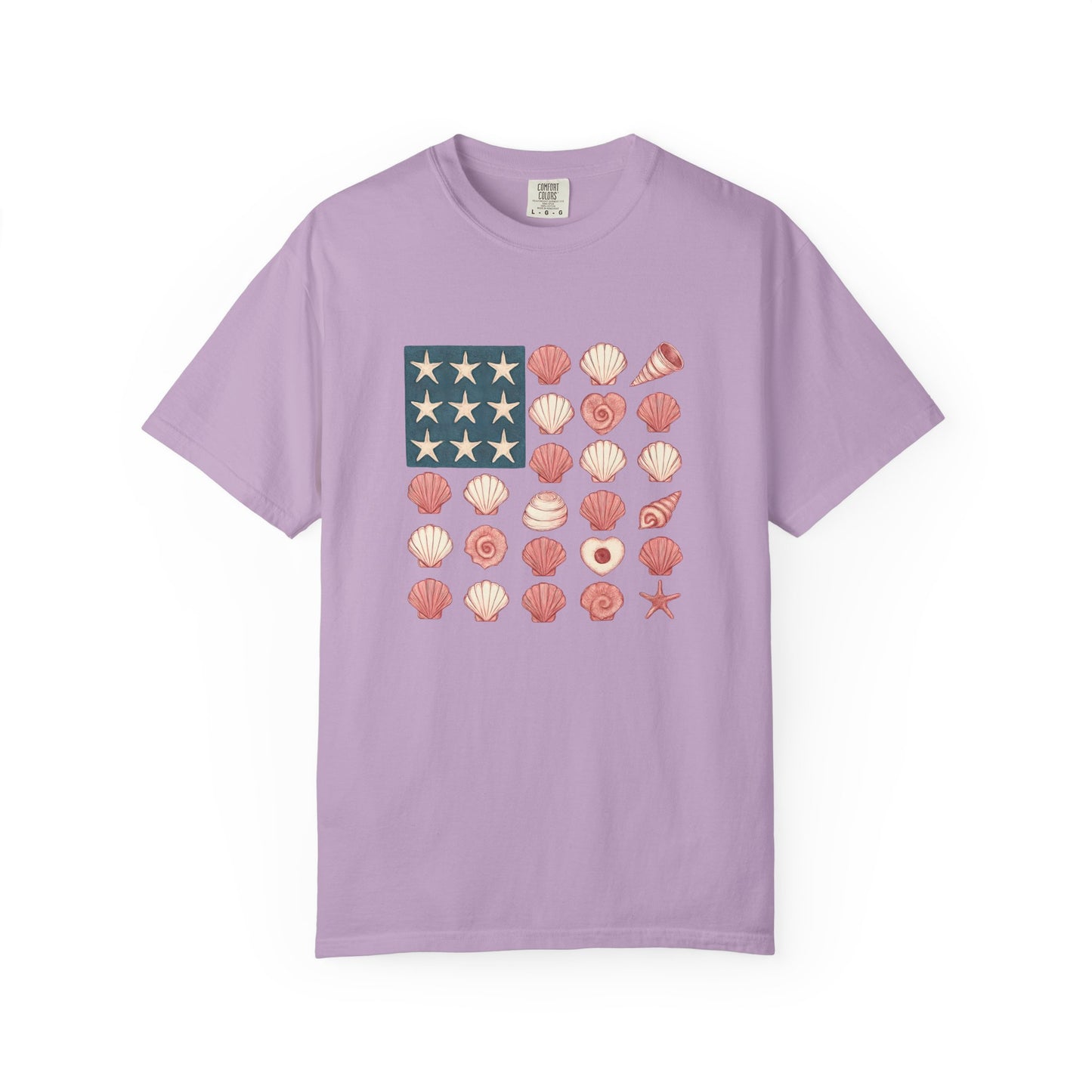 Comfort Colors-Seashell Flag T-Shirt, Unisex, American Flag, Beach Vibes, Nautical Gift, Summer Vibes, July 4th