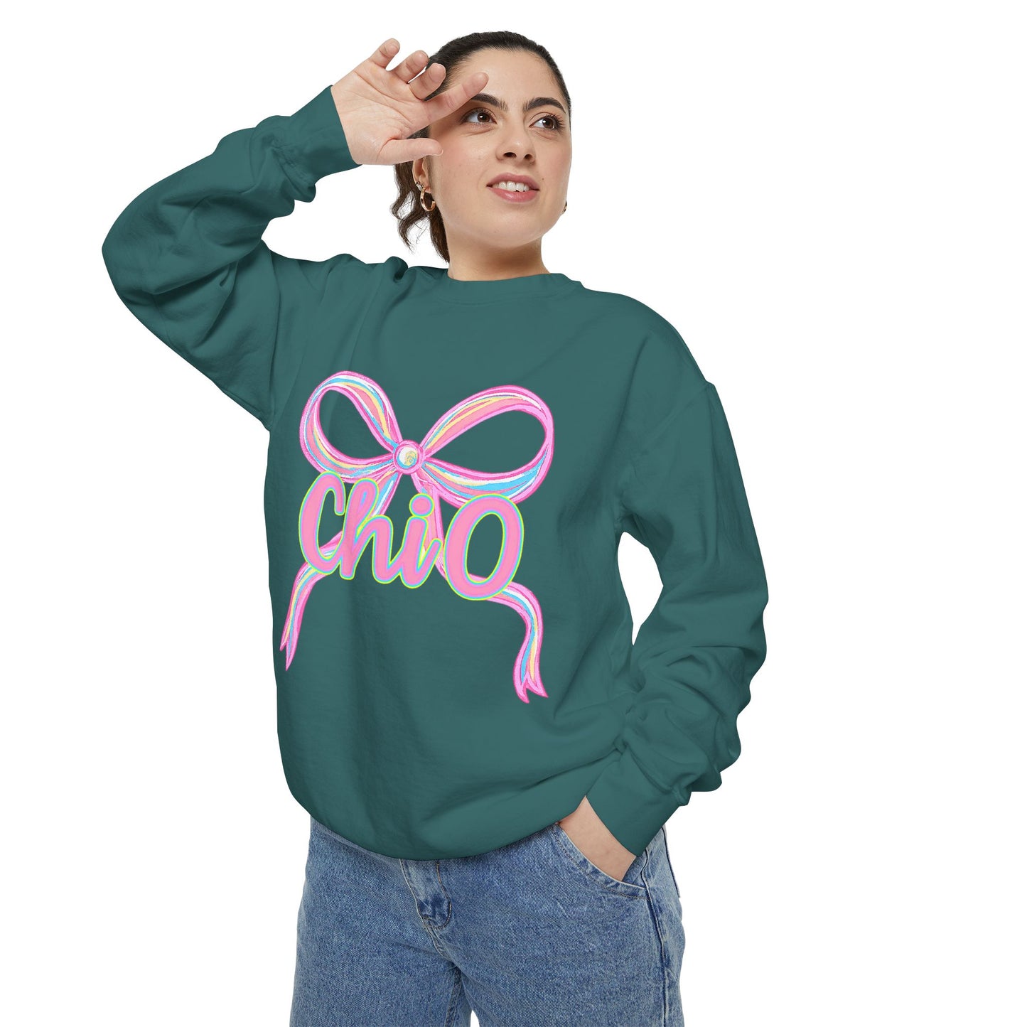 CHIO Chic Bow Graphic Unisex Garment-Dyed Sweatshirt, Cozy Pullover, Fashionable Gift, Casual Outfit, Spring Style, Trendy Apparel