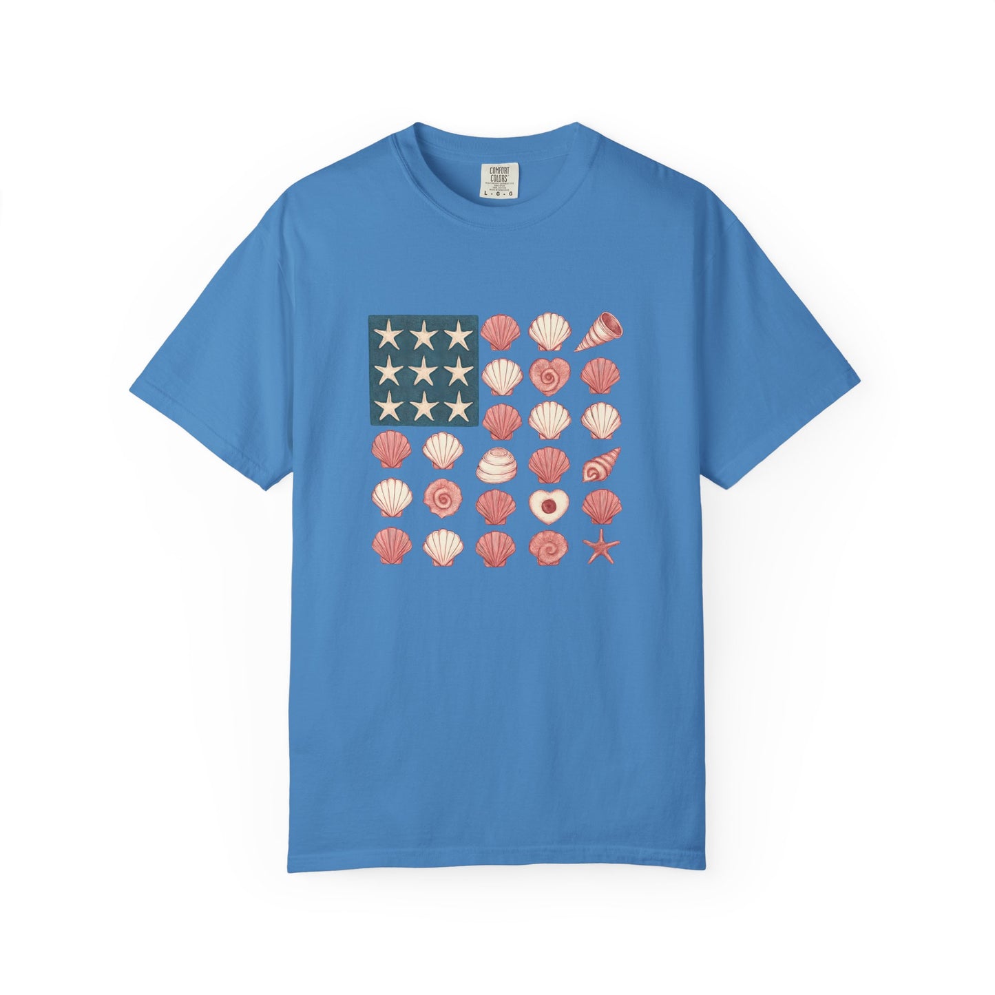 Comfort Colors-Seashell Flag T-Shirt, Unisex, American Flag, Beach Vibes, Nautical Gift, Summer Vibes, July 4th