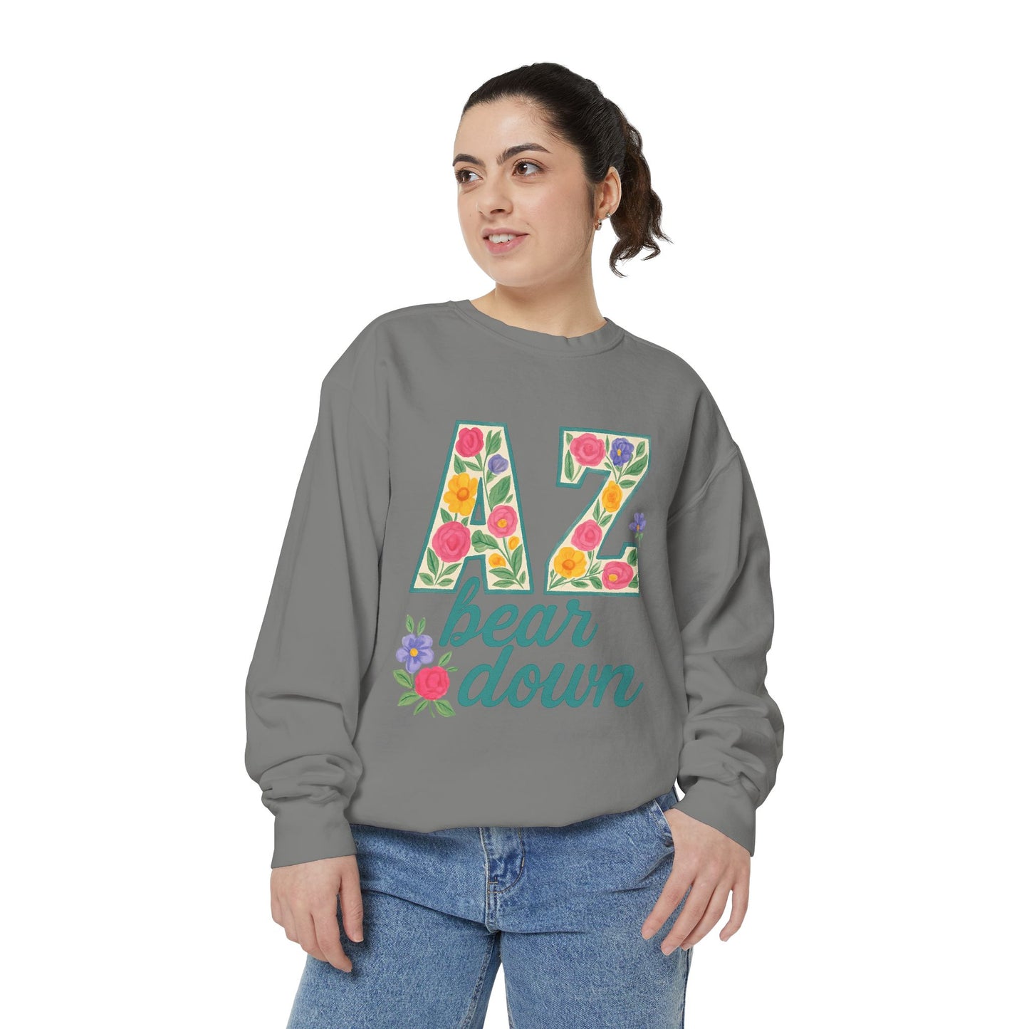 Arizona Floral Sweatshirt, Cozy Unisex Sweatshirt, Trendy Fall Layer, Gift for Him/Her, Sports Spirit Apparel, Bear Down AZ