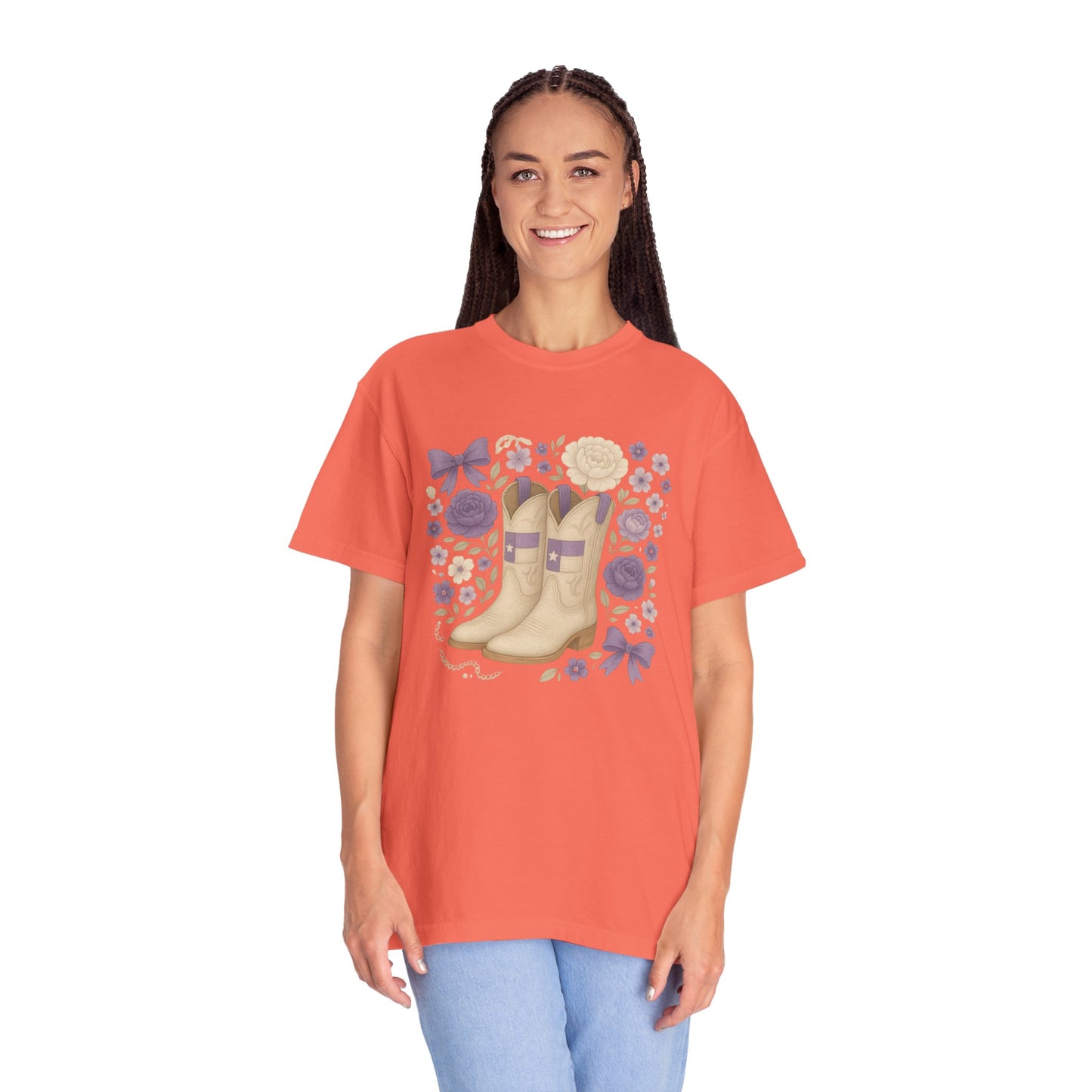Whimsical Floral Boots Unisex T-Shirt | Casual Style, Gift for Her, Texas Christian University, TCU Frogs, Comfort Colors, Texas Fan gift, Graduation Gift