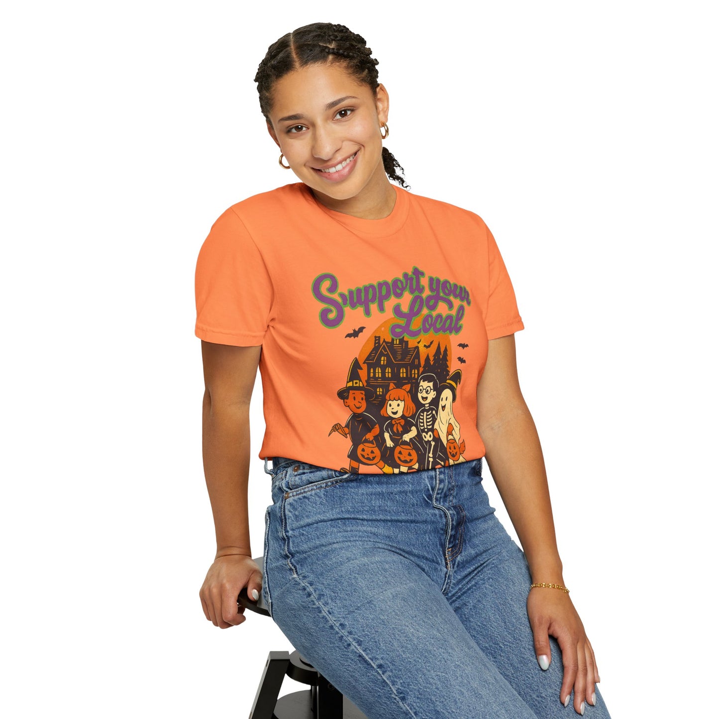 Halloween Support T-Shirt, Youth Trick or Treat Shirt, Garment-Dyed Tee for Kids, Spooky Season Apparel, Holiday Party Top, Fun Costume Wear