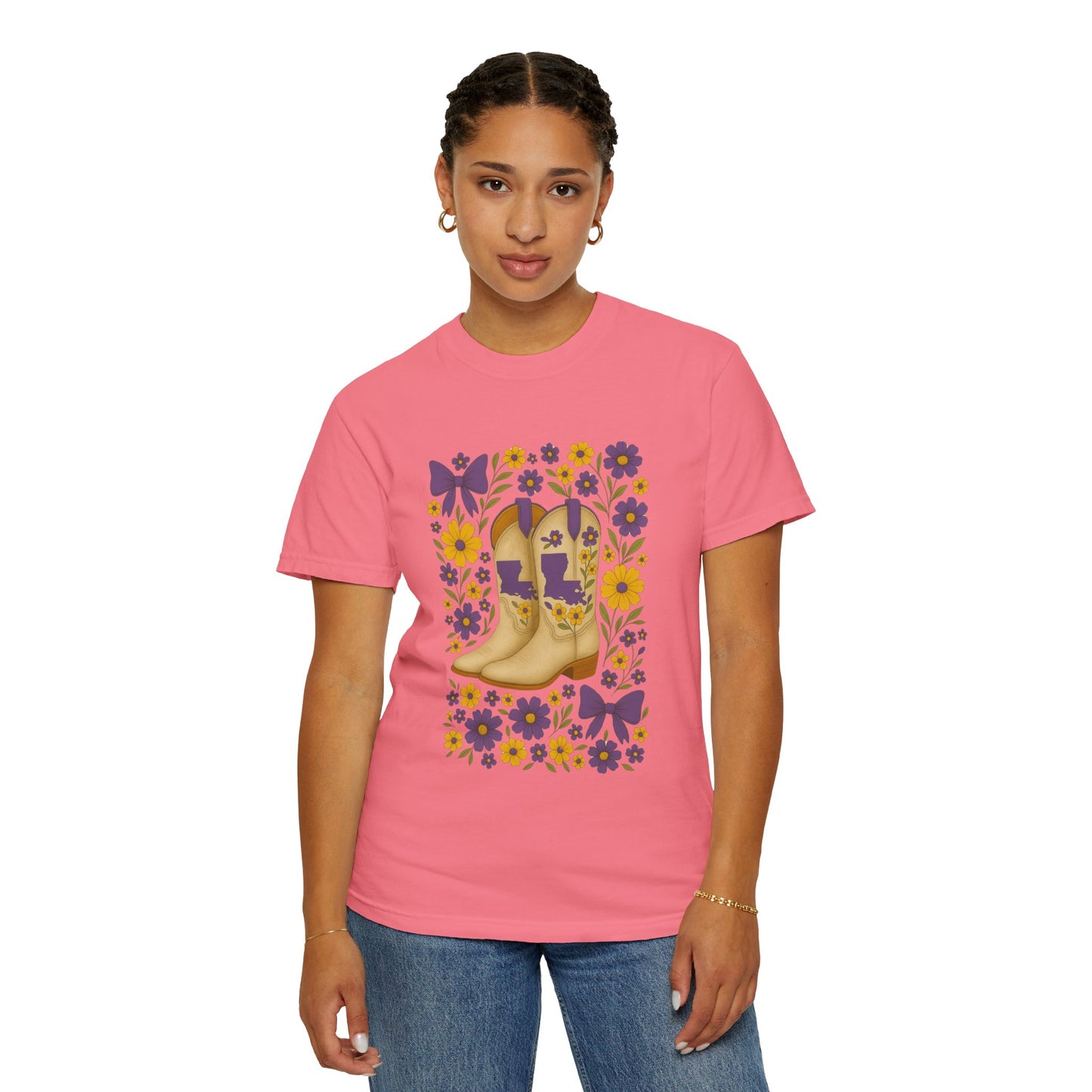 T-Shirt - Western Floral Boot T-Shirt, Vintage Graphic Shirt, Gift for Cowgirl, LSU Tigers, Louisiana Game Day