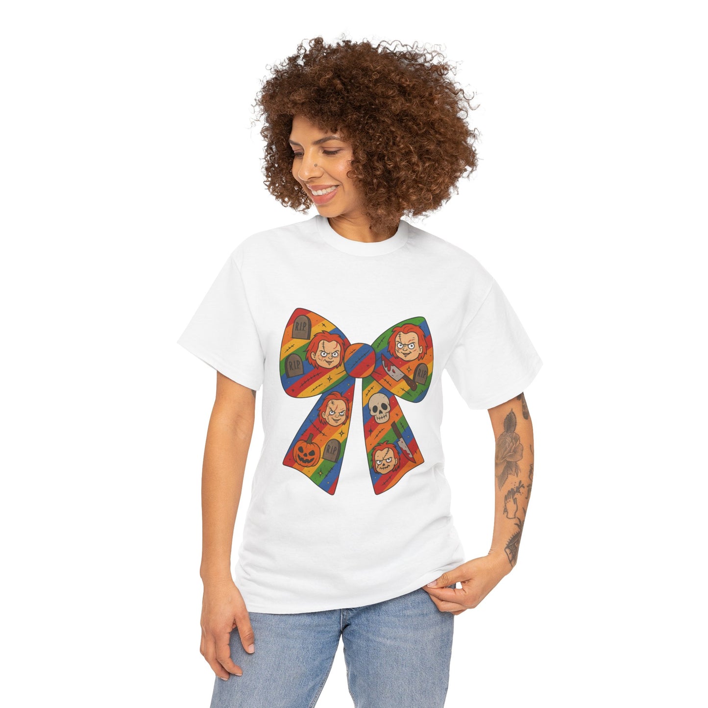 Colorful Halloween Bow Tee, Fun Costume T-Shirt, Halloween Party Shirt, Unisex Graphic Tee, Cozy Everyday Wear, Unique Gift Idea