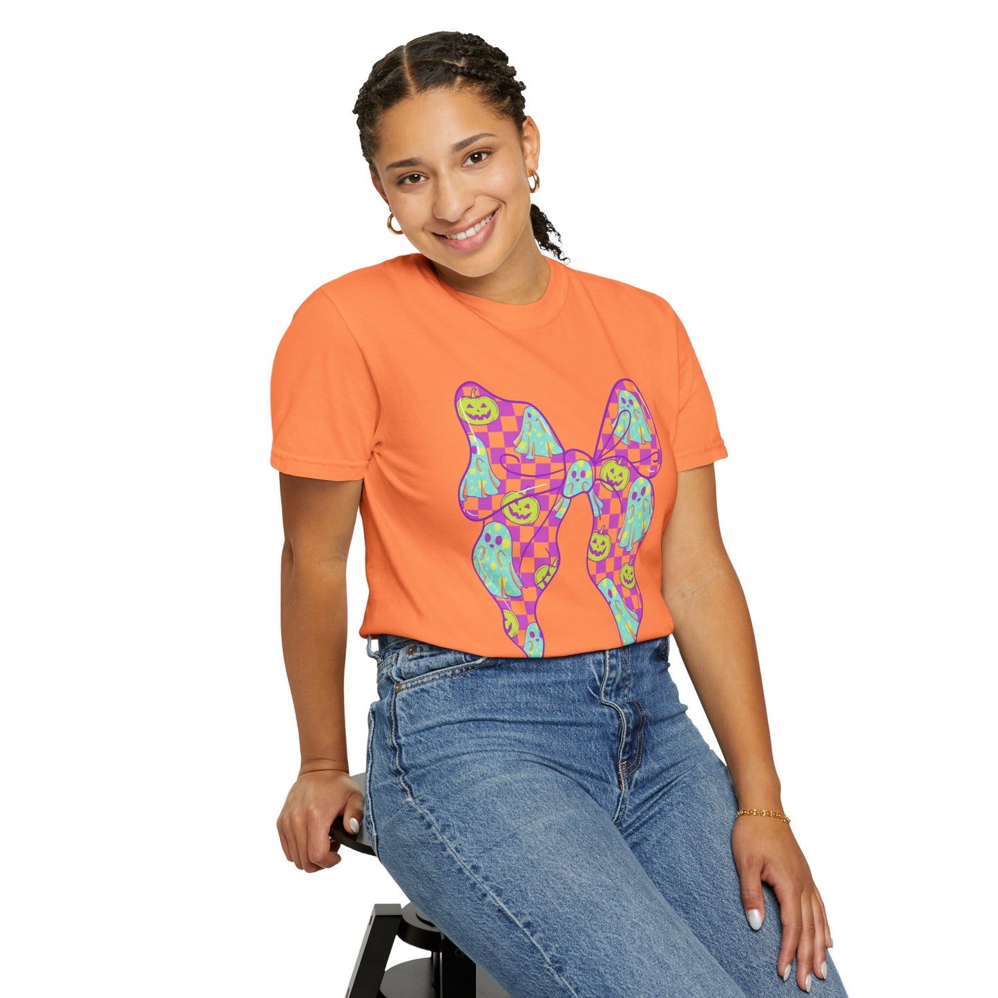 Neon Checkered Ghost Bow T-Shirt - Fun Lovers Halloween Unisex Tee