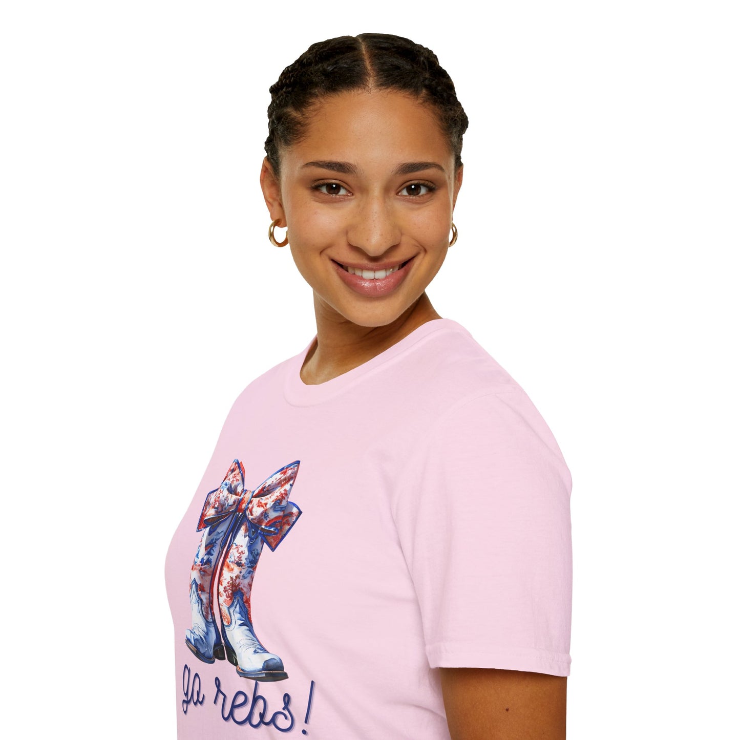 , go Rebs  Cheerful Unisex Softstyle T-Shirt with Bow Design | Gift for Sports Fans, Casual Wear, Team Spirit, Game Day Shirt, Cheerleading Top