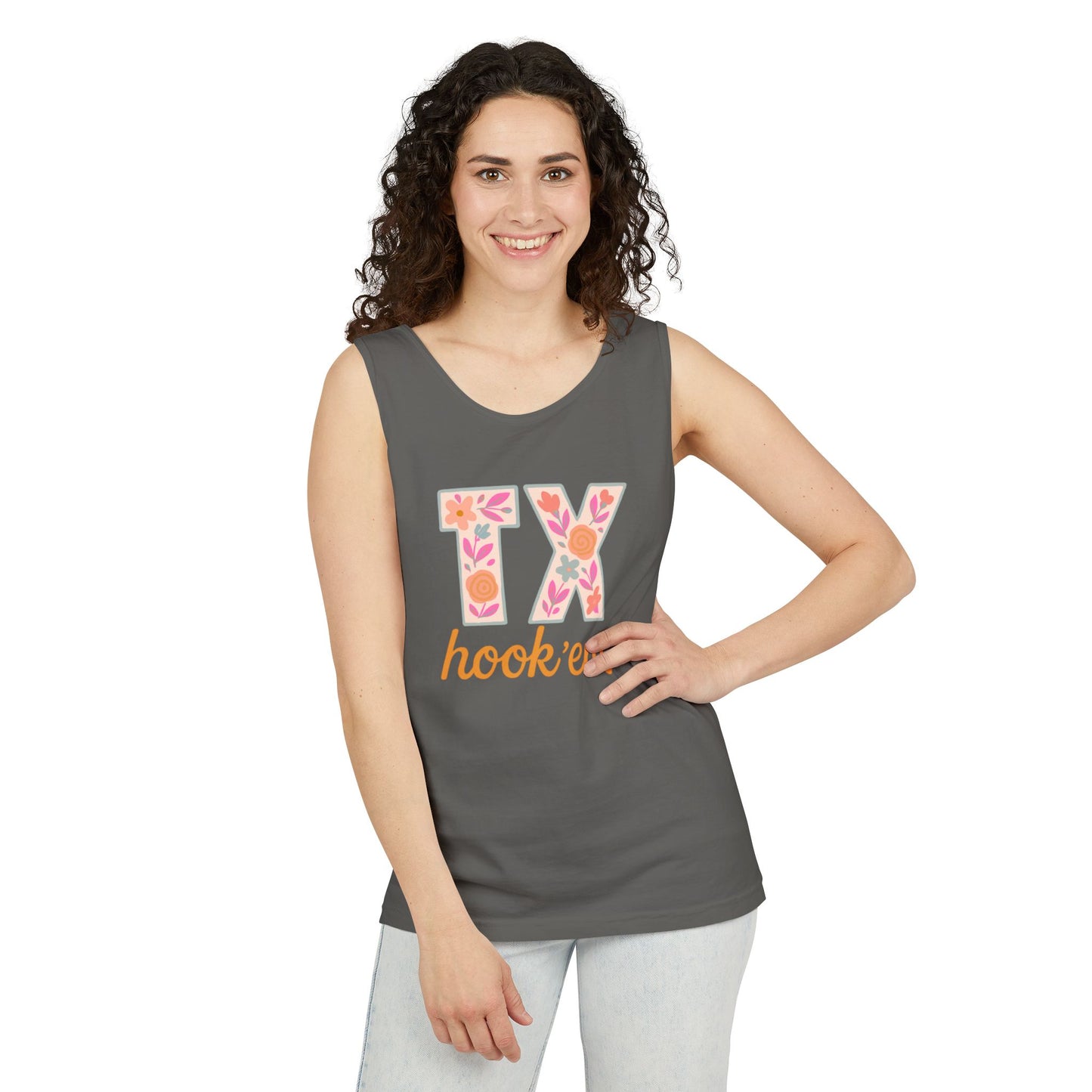 Texas Floral Hook 'Em Unisex Tank Top, Summer Vibe, Casual Wear, College Gear, Gift for Graduates, Texas Pride Apparel, Comfort Colors, Graduation Gift