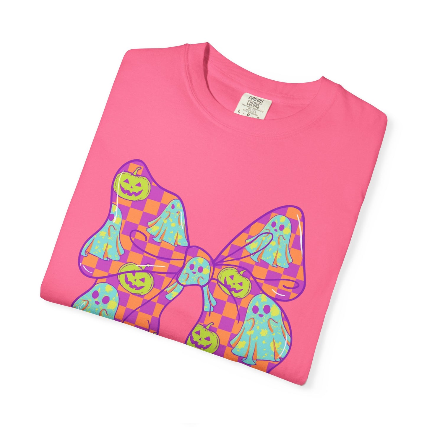 Neon Checkered Ghost Bow T-Shirt - Fun Lovers Halloween Unisex Tee