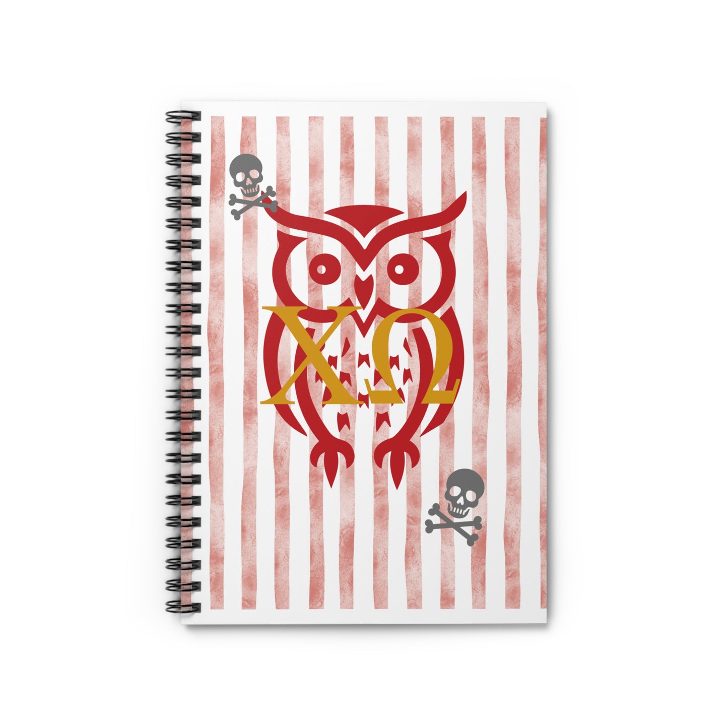 XO Owl & Skull Spiral Notebook - Chi Omega Artistic Note Journal, Gift for Students, Doodle Diary, Skull Decor, Unique Stationery