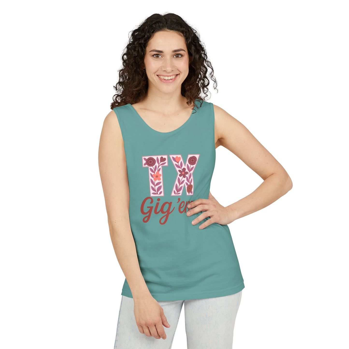 Texas Gig 'Em Tank Top, Unisex Summer Apparel, Cute Floral Design, Perfect for College Fans, Gifts, Comfort Colors, Graduation Gift