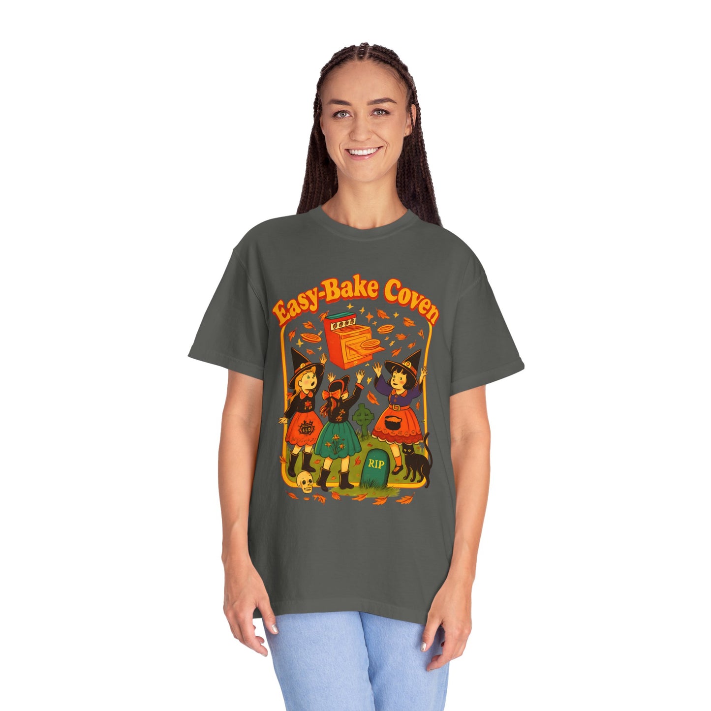 Halloween Witch T-Shirt, Unisex Garment-Dyed Shirt, Easy-Bake Coven Tee, Spooky Season Apparel, Cute Witch Design