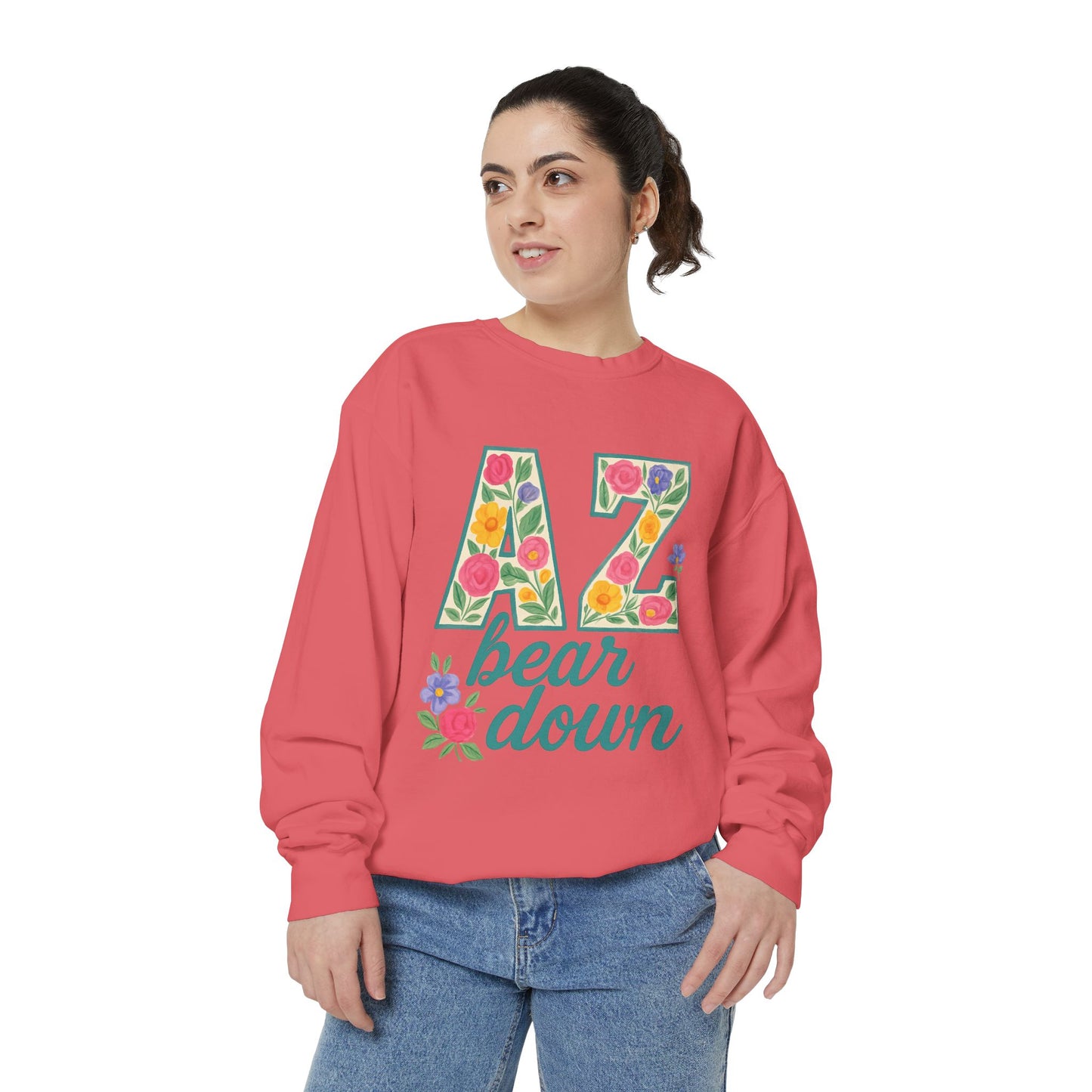 Arizona Floral Sweatshirt, Cozy Unisex Sweatshirt, Trendy Fall Layer, Gift for Him/Her, Sports Spirit Apparel, Bear Down AZ