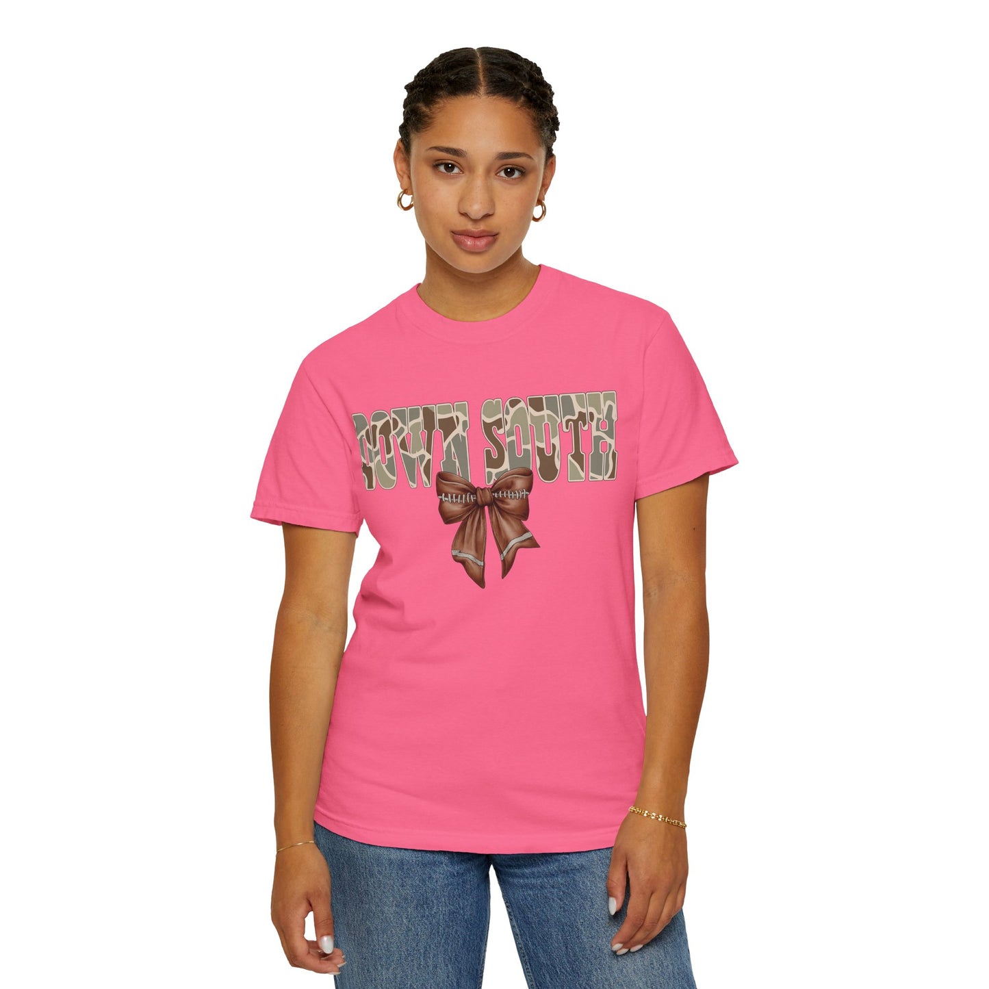 Camo Bow Graphic Tee - Trendy Apparel for Casual Outings and Birthdays