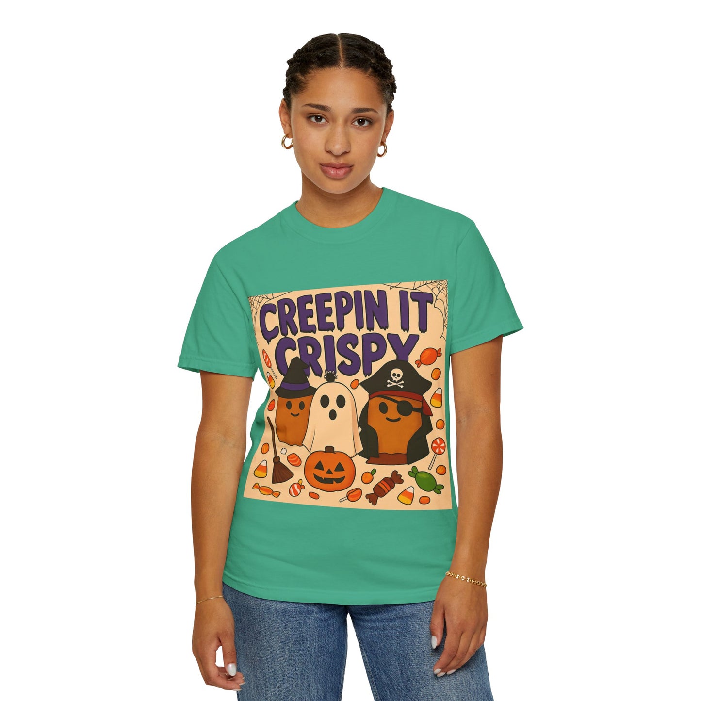 Halloween Themed T-Shirt, Creepin It Crispy T-Shirt, Unisex Shirt for Fall, Cute Halloween Tee, Festive Ghost & Candy Design