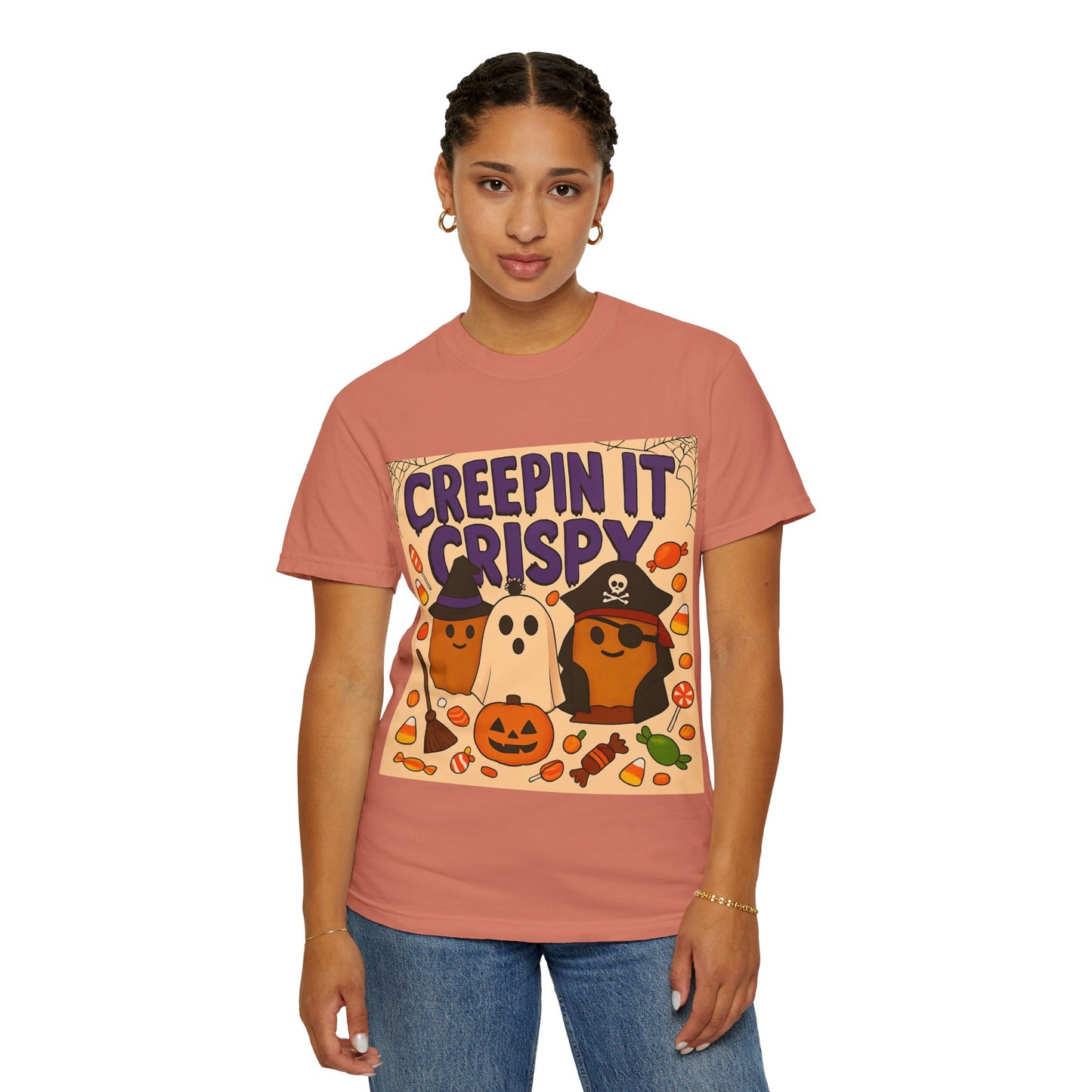 Halloween Themed T-Shirt, Creepin It Crispy T-Shirt, Unisex Shirt for Fall, Cute Halloween Tee, Festive Ghost & Candy Design