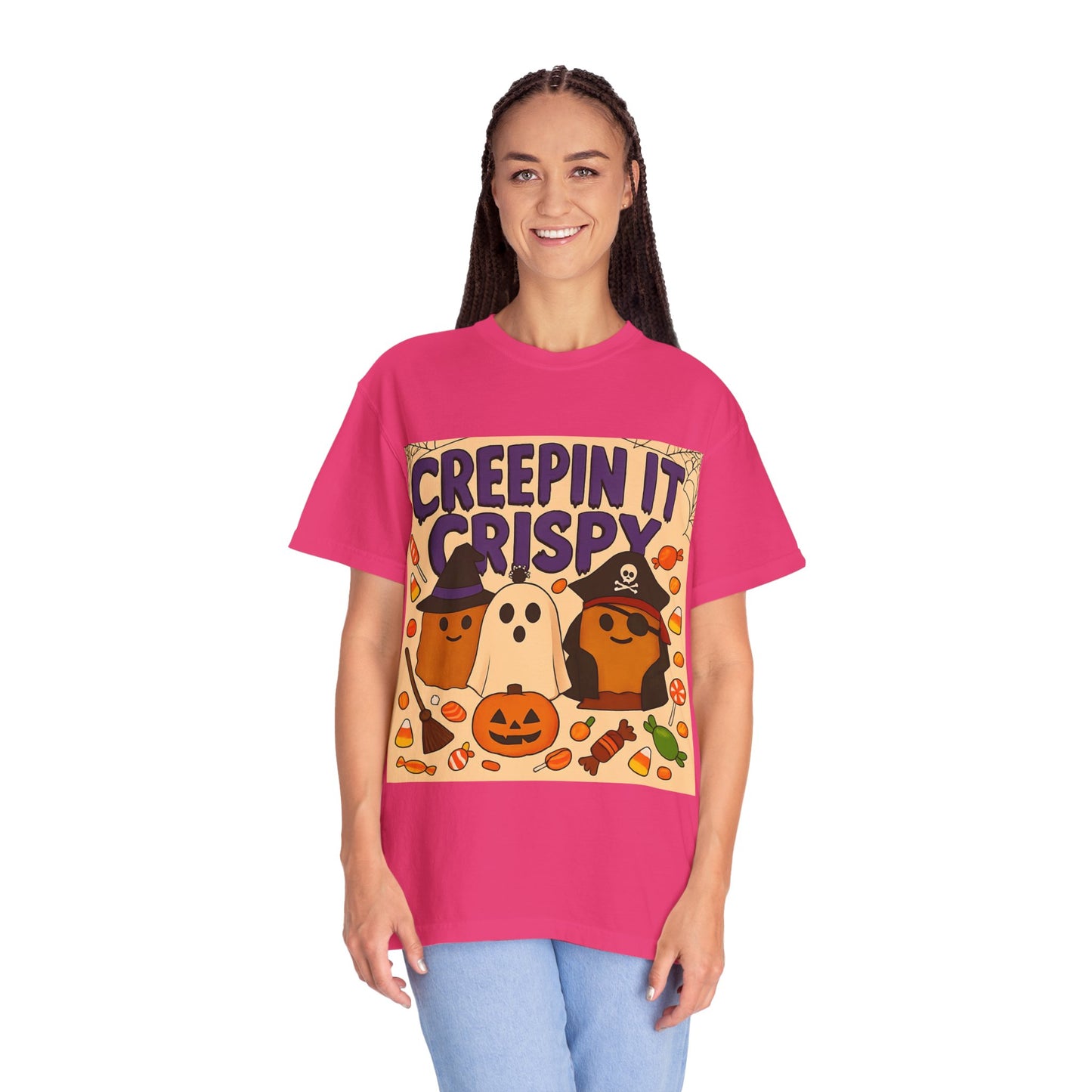 Halloween Themed T-Shirt, Creepin It Crispy T-Shirt, Unisex Shirt for Fall, Cute Halloween Tee, Festive Ghost & Candy Design