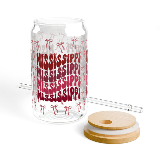 Coquette Bow Mississippi Sipper Glass, 16oz | Fun Glass Drinking Jar, Tropical Party Decor, Personalized Beverage Container, MSU Bulldogs, Graduation Gift