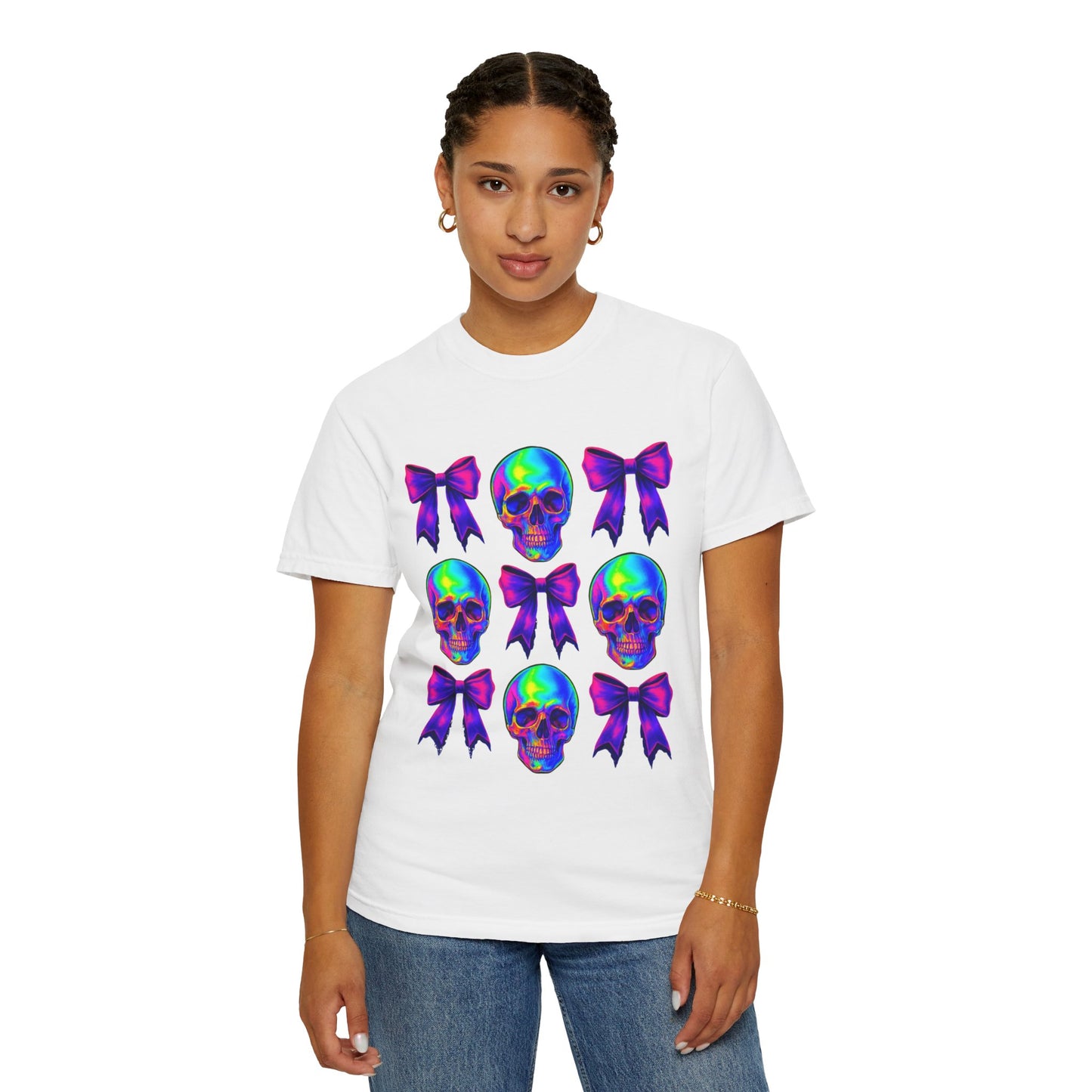 Neon Skull and Bow Unisex T-Shirt | Trendy Graphic Tee for Halloween, Festivals, Casual Wear, Gifts