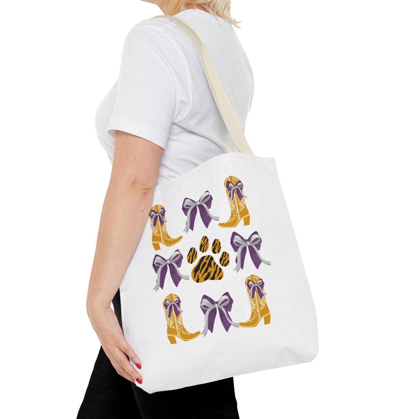 LSu coquette bow Print Tote Bag, Eco-Friendly Fashion Bag, lsu tiger fan, louisiana game day, geaux tigers, college student gift, graduation gift