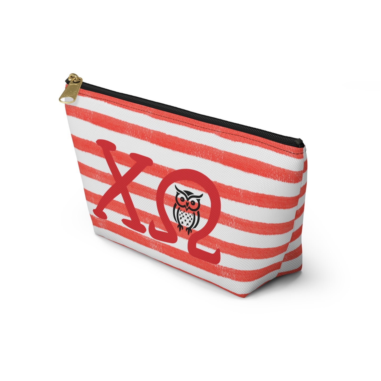Chi Omega Charming Owl Accessory Pouch, Makeup Bag, Gift for Her, Zodiac Lover, Cute Organizer, Striped Cosmetic Pouch