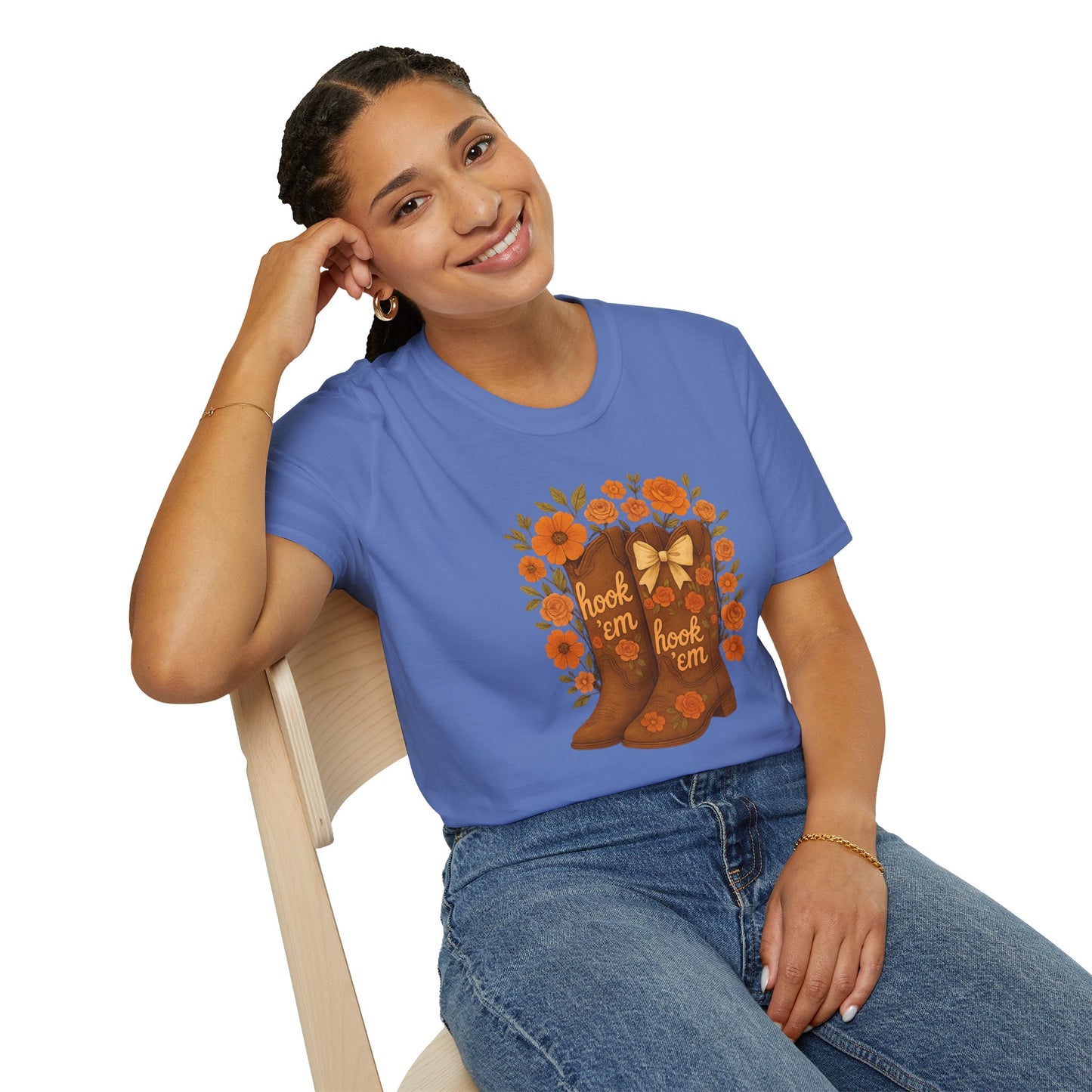 Tx Hook Em Floral Cowboy Boot T-Shirt, Hook 'Em Tee, Autumn Apparel, Country Style, Gift for Her, tx longhorns, texas fan gift, hook em horns, graduation gift, college student gift