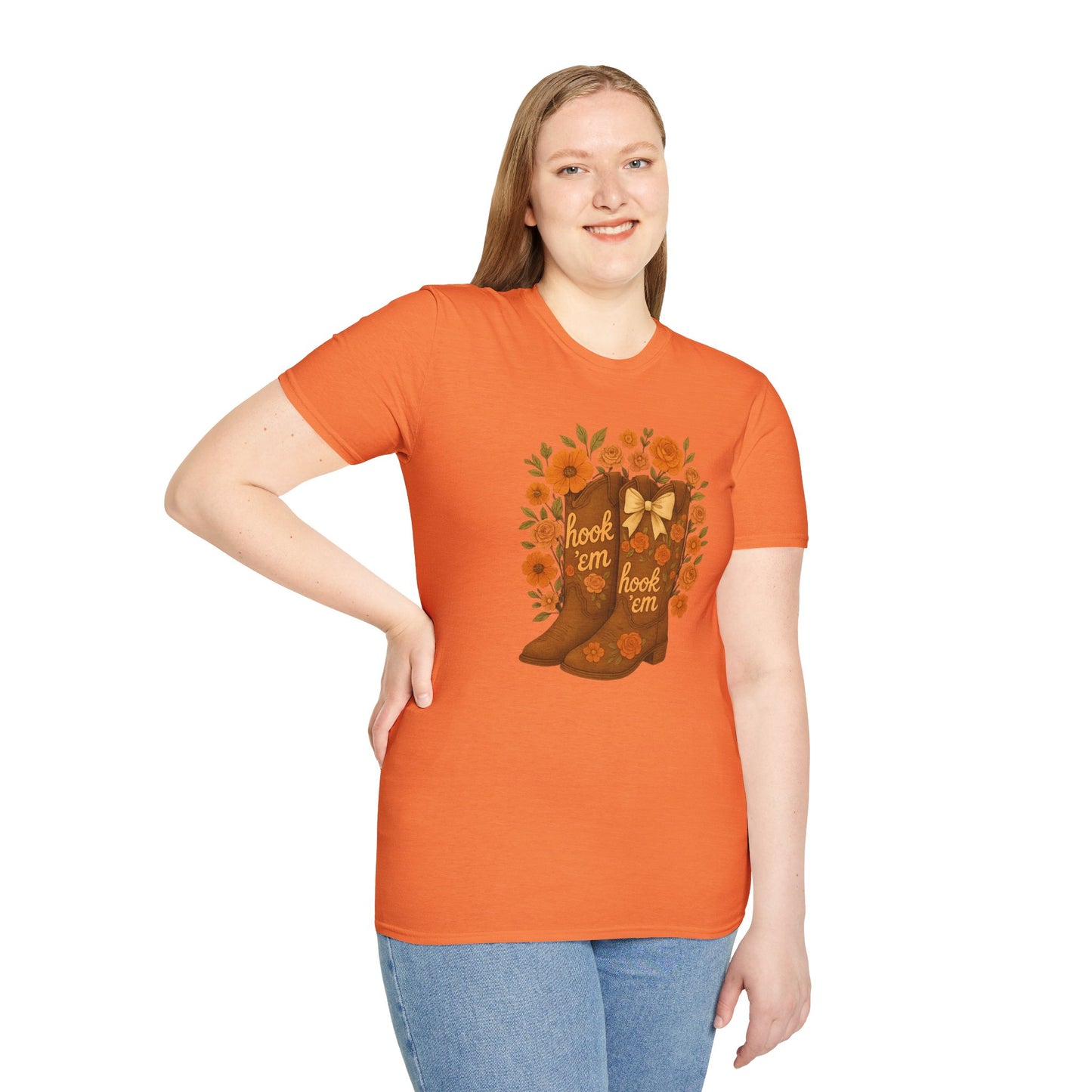 Tx Hook Em Floral Cowboy Boot T-Shirt, Hook 'Em Tee, Autumn Apparel, Country Style, Gift for Her, tx longhorns, texas fan gift, hook em horns, graduation gift, college student gift