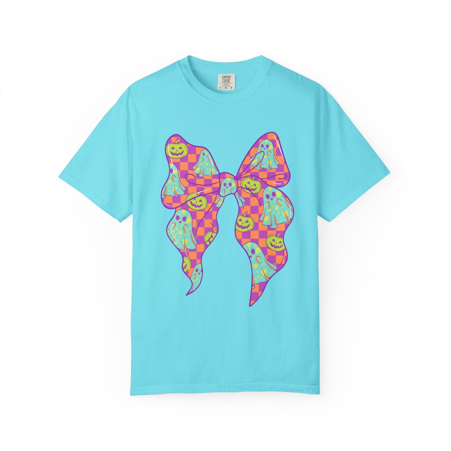 Neon Checkered Ghost Bow T-Shirt - Fun Lovers Halloween Unisex Tee
