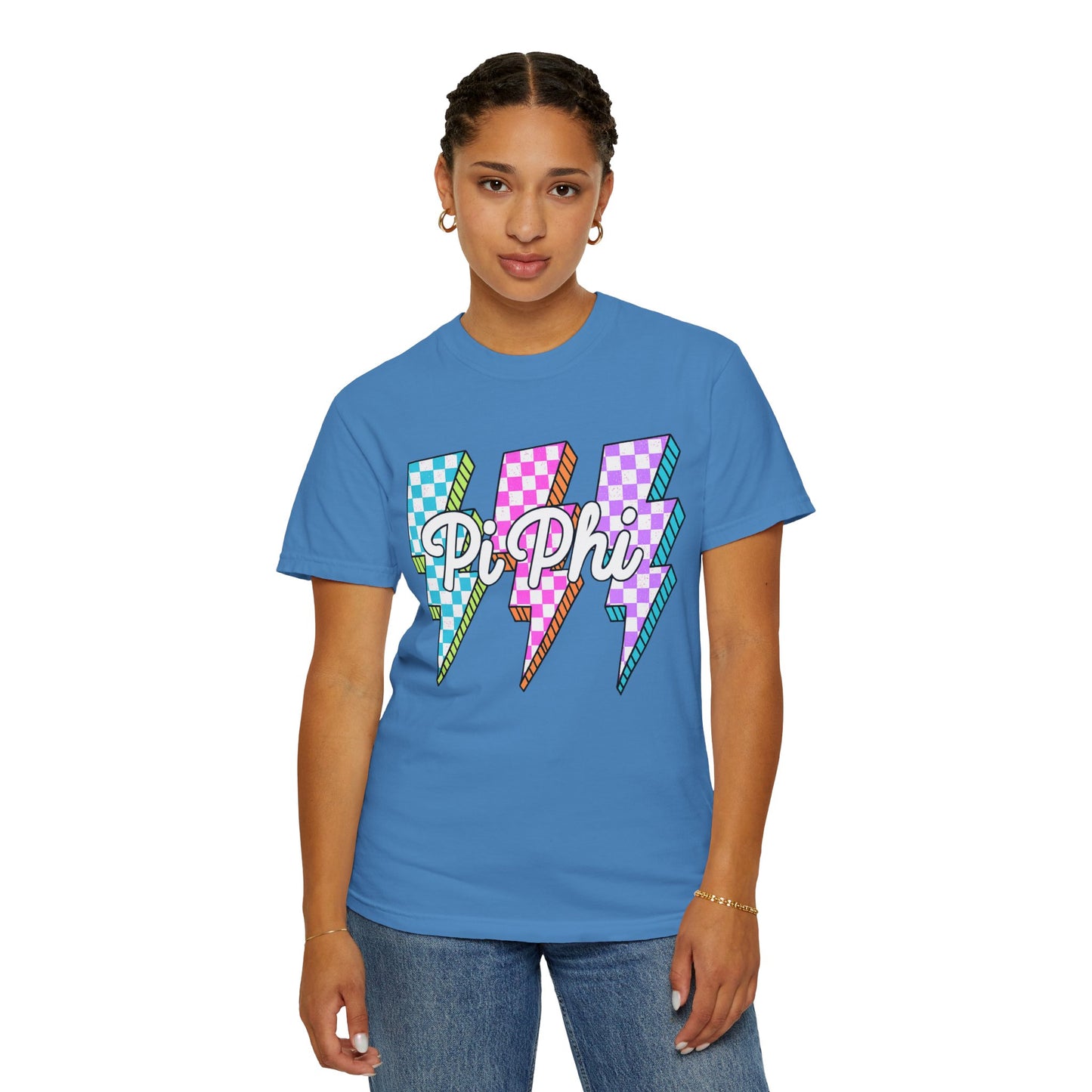 PB Phi Lightning Bolt Unisex T-shirt | Vibrant Greek Life Apparel, Unique Gift for Sorority Sisters, Casual Wear, Celebrating Sisterhood