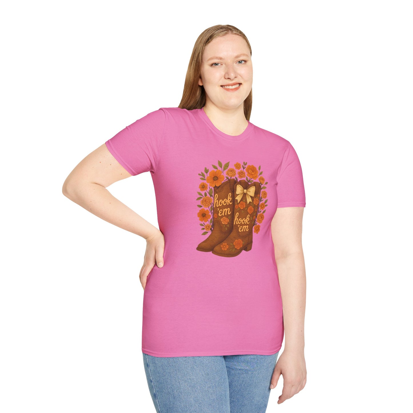 Tx Hook Em Floral Cowboy Boot T-Shirt, Hook 'Em Tee, Autumn Apparel, Country Style, Gift for Her, tx longhorns, texas fan gift, hook em horns, graduation gift, college student gift