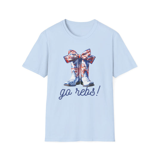, go Rebs  Cheerful Unisex Softstyle T-Shirt with Bow Design | Gift for Sports Fans, Casual Wear, Team Spirit, Game Day Shirt, Cheerleading Top