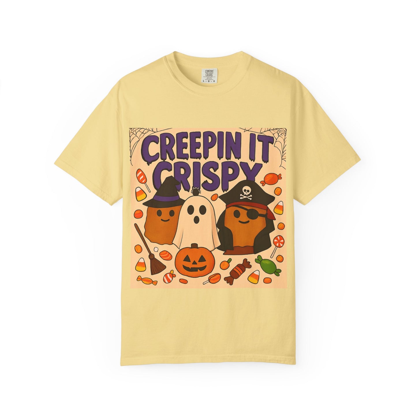 Halloween Themed T-Shirt, Creepin It Crispy T-Shirt, Unisex Shirt for Fall, Cute Halloween Tee, Festive Ghost & Candy Design