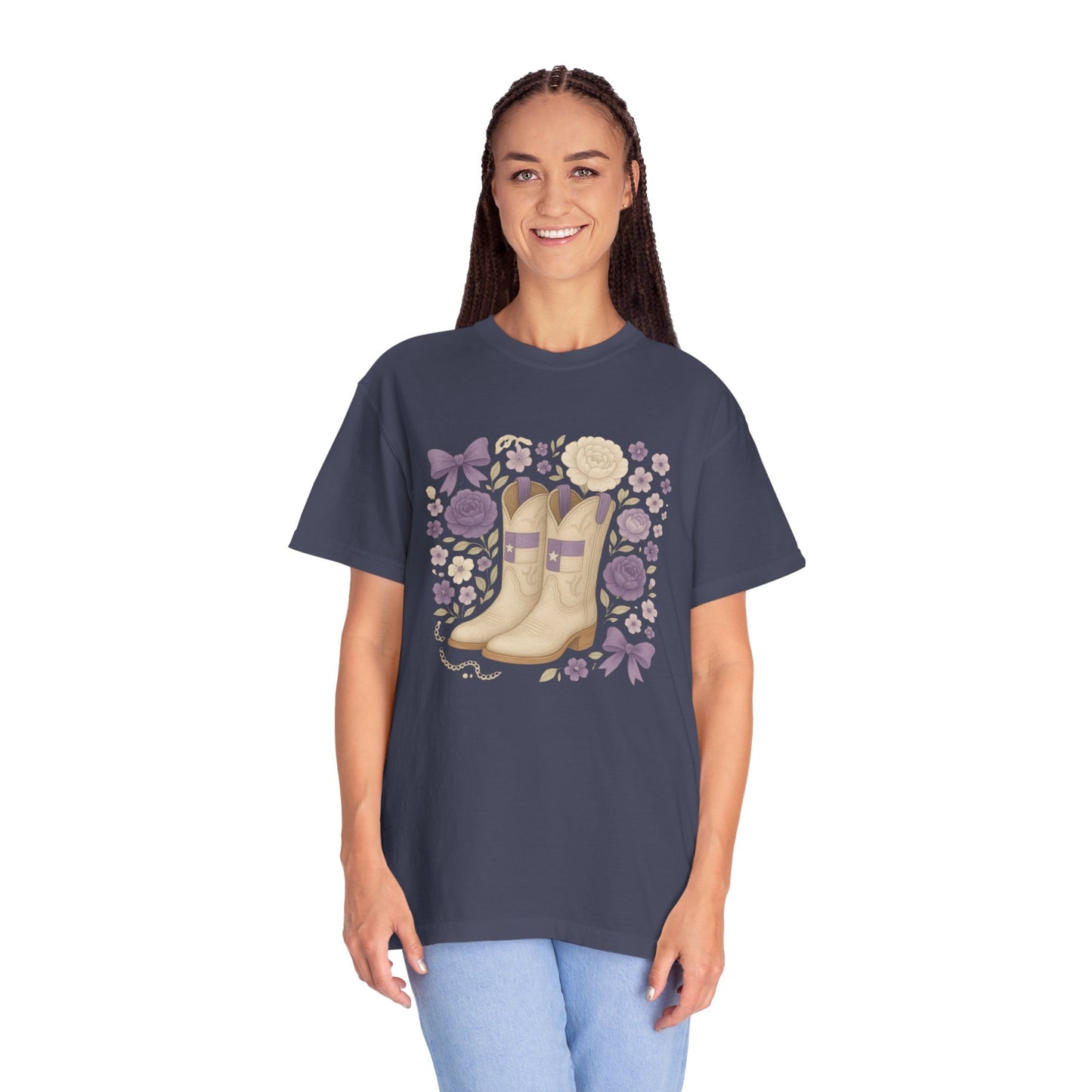 Whimsical Floral Boots Unisex T-Shirt | Casual Style, Gift for Her, Texas Christian University, TCU Frogs, Comfort Colors, Texas Fan gift, Graduation Gift