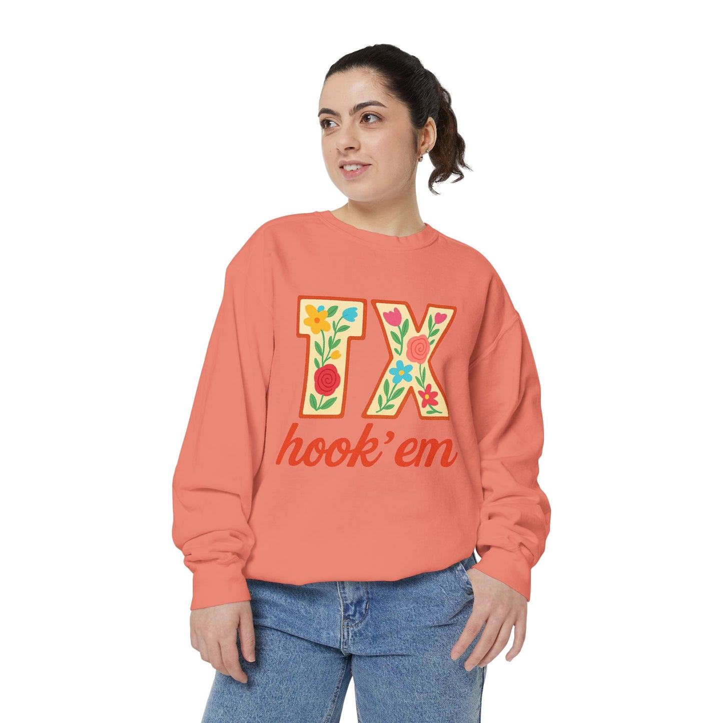 Texas Floral Sweatshirt, Unisex Garment-Dyed Sweatshirt, Cozy Casual Wear, Perfect for Game Day, Floral TX Hook 'Em Design, Stylish [...]
