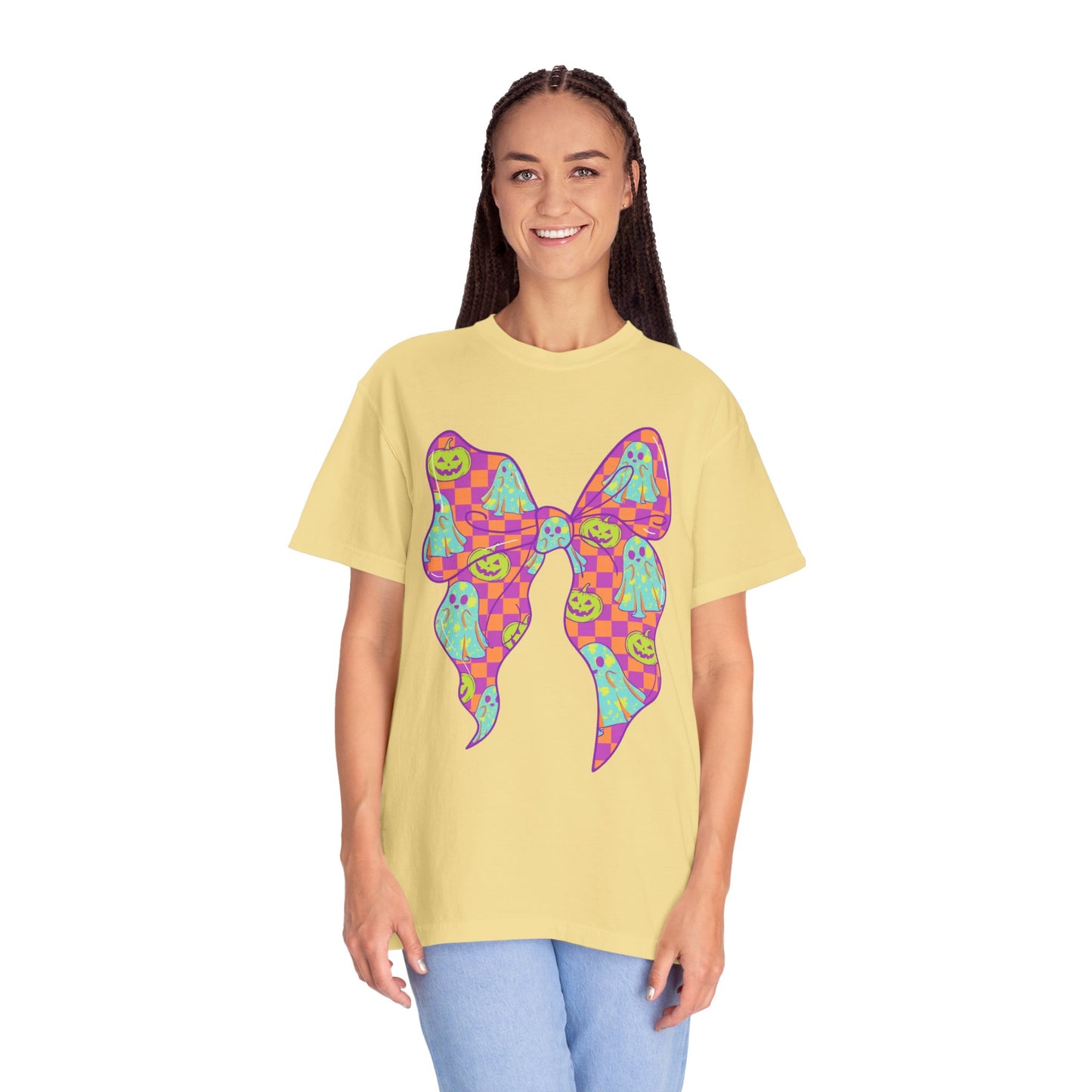 Neon Checkered Ghost Bow T-Shirt - Fun Lovers Halloween Unisex Tee