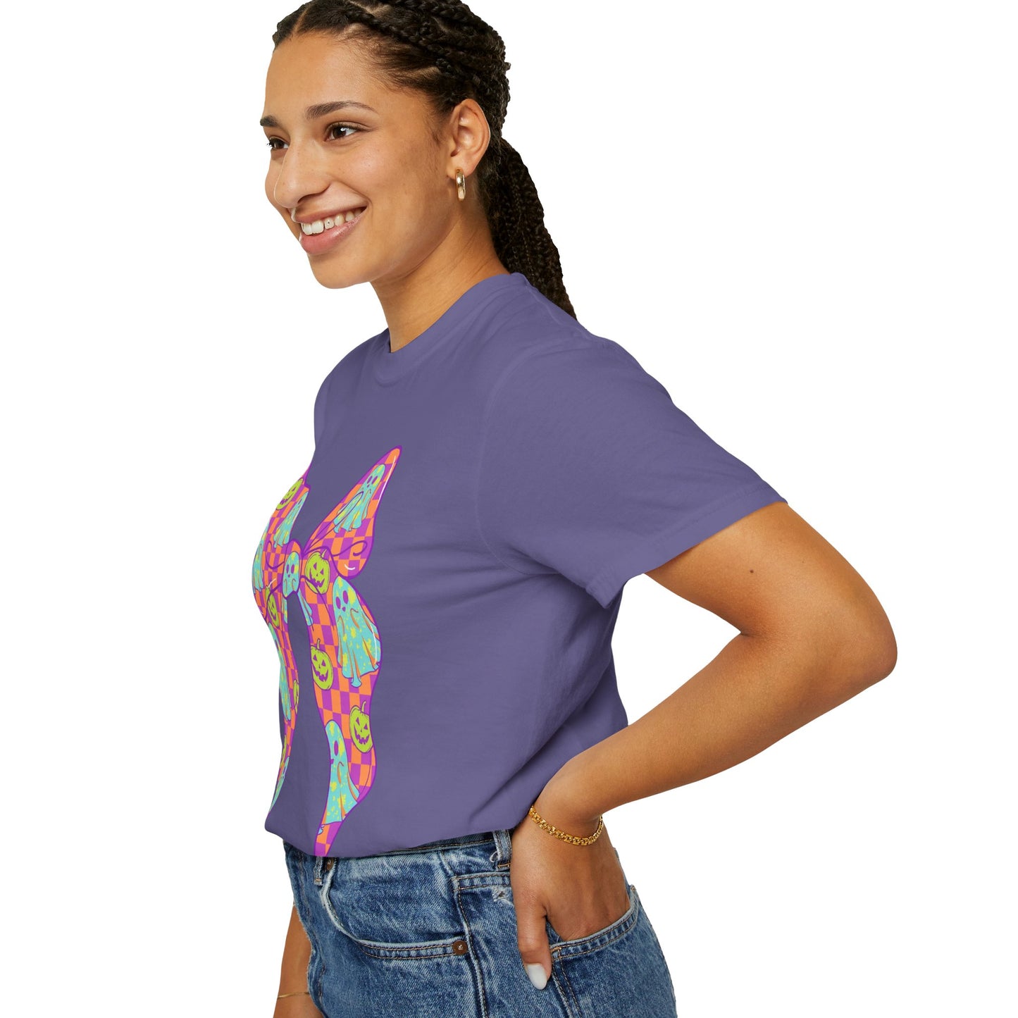 Neon Checkered Ghost Bow T-Shirt - Fun Lovers Halloween Unisex Tee
