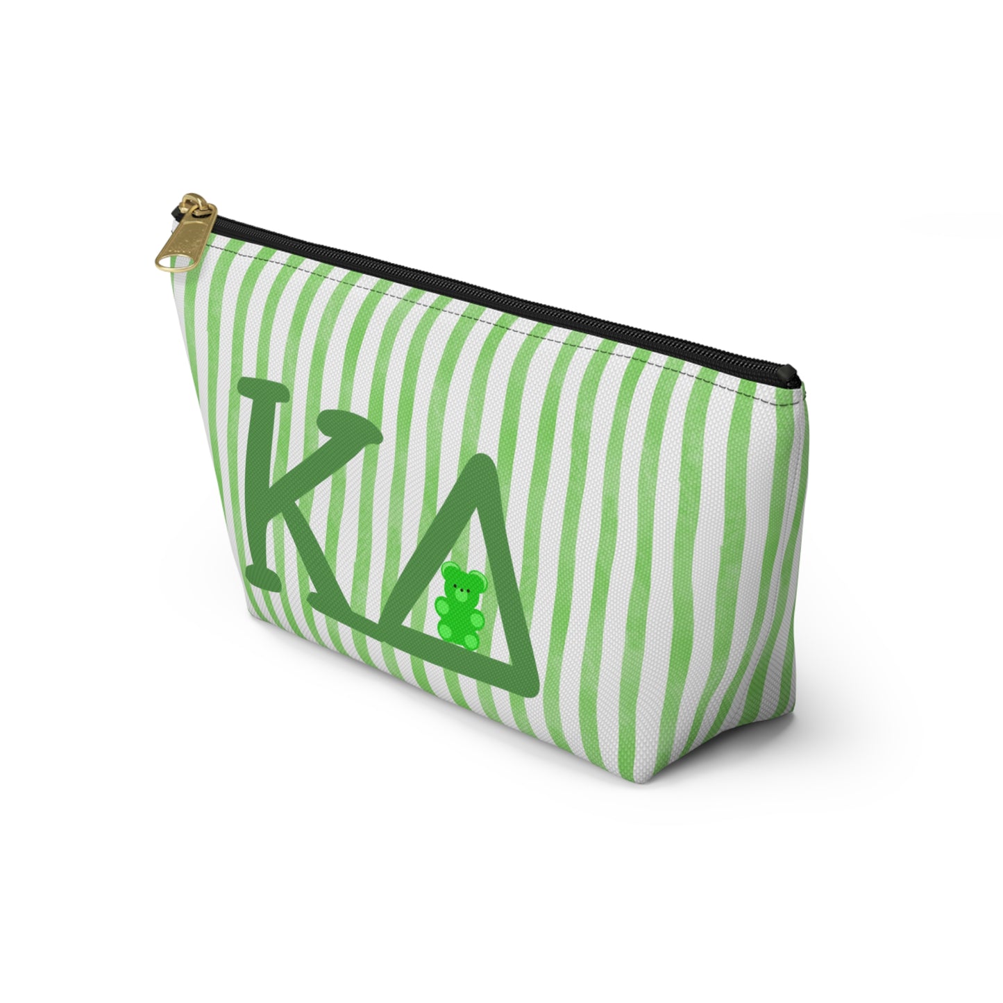 KD Green Striped Accessory Pouch | Cute Makeup Bag, Storage Organizer, Gift for Students, Eco-Friendly Travel Pouch, Teddy Bear Lover Gift