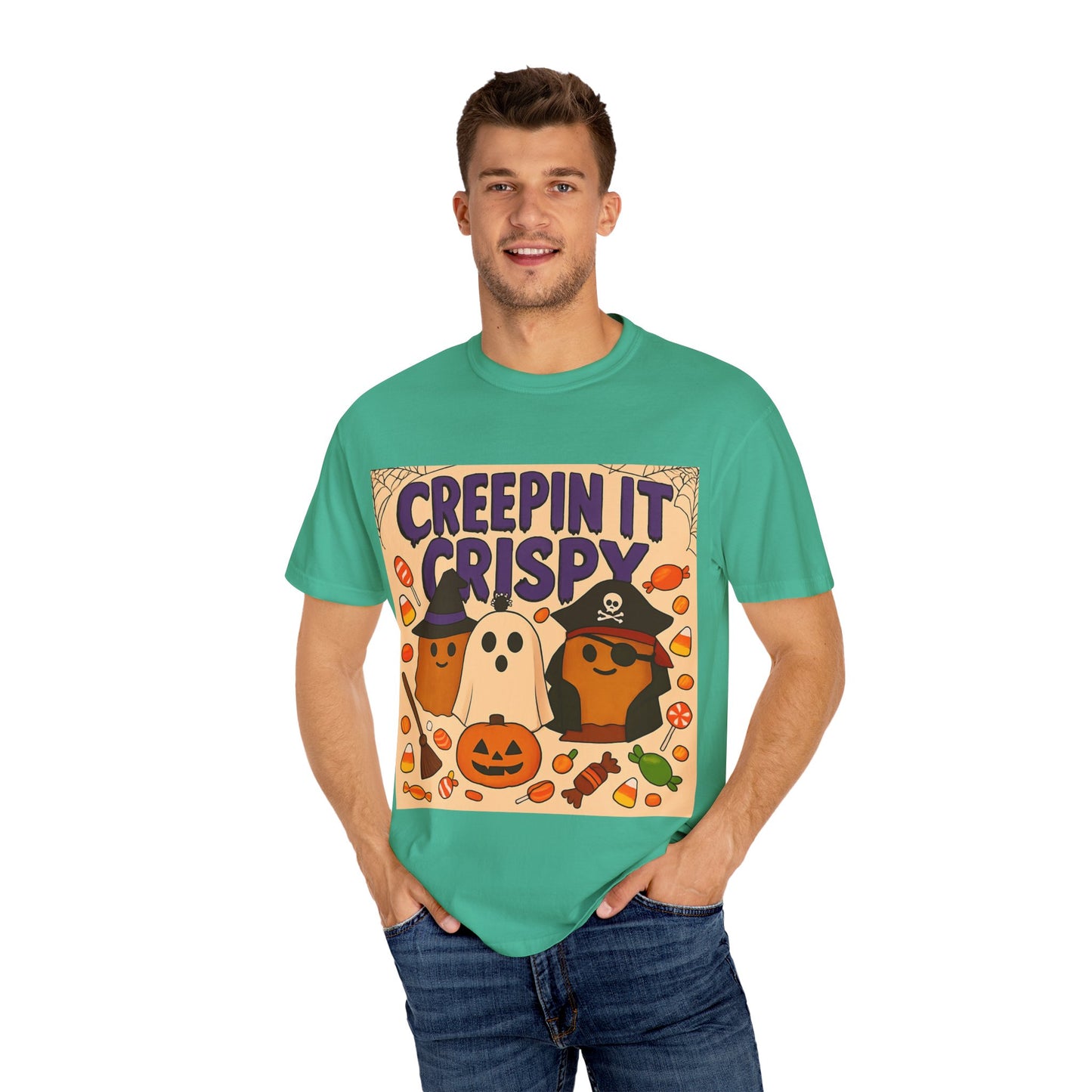 Halloween Themed T-Shirt, Creepin It Crispy T-Shirt, Unisex Shirt for Fall, Cute Halloween Tee, Festive Ghost & Candy Design